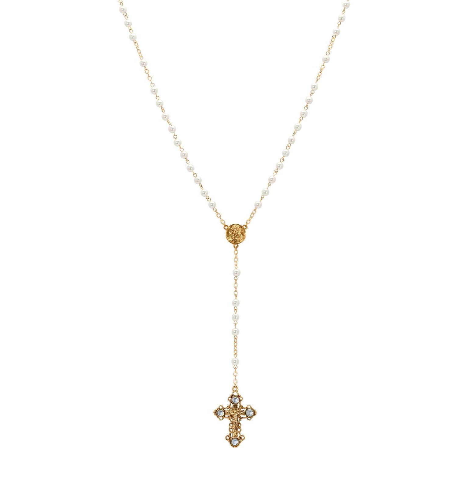 Symbols Of Faith Light Sapphire Channel Crystal Faux Pearl Chain Rosary