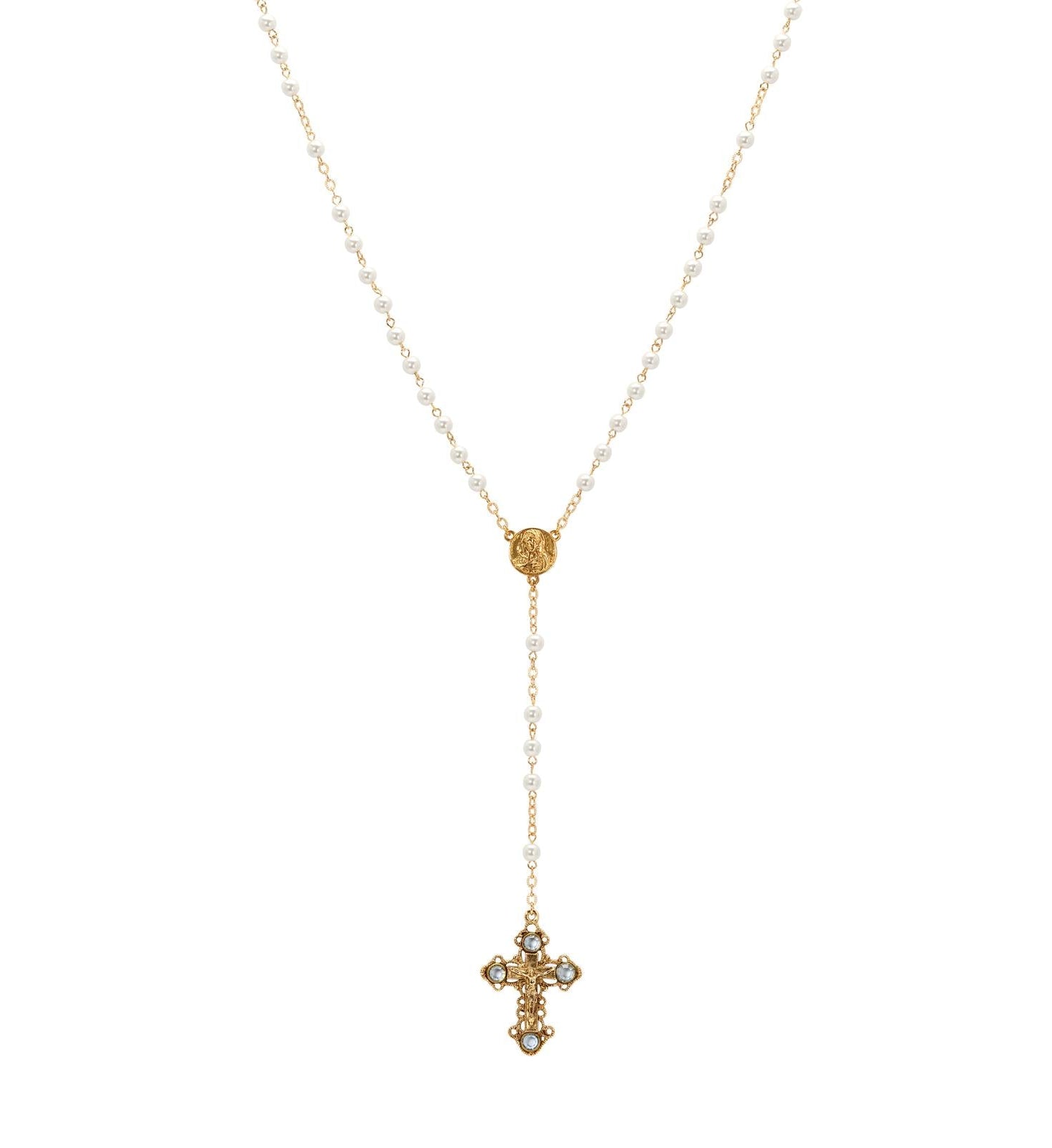 Symbols Of Faith Light Sapphire Channel Crystal Faux Pearl Chain Rosary