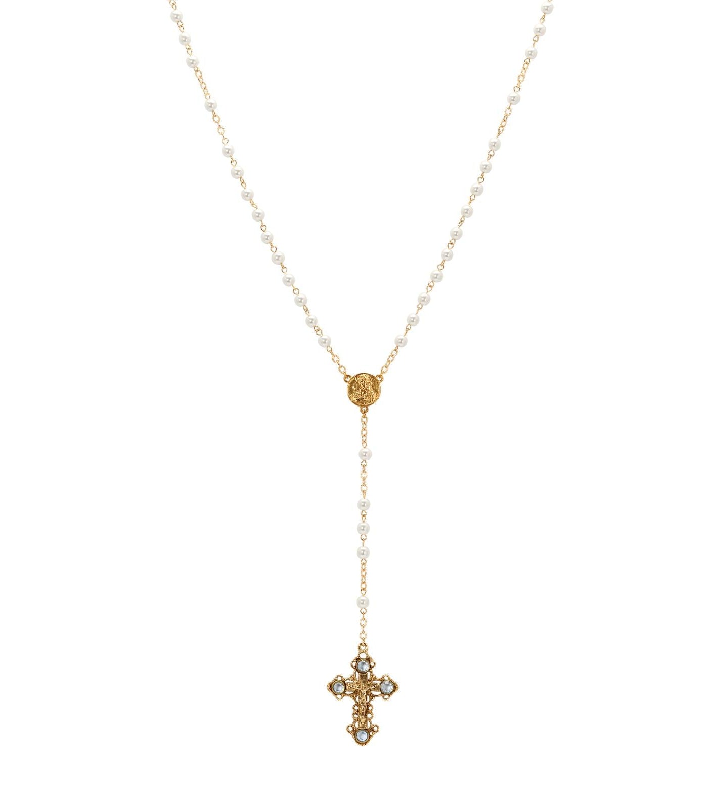 Symbols Of Faith Light Sapphire Channel Crystal Faux Pearl Chain Rosary