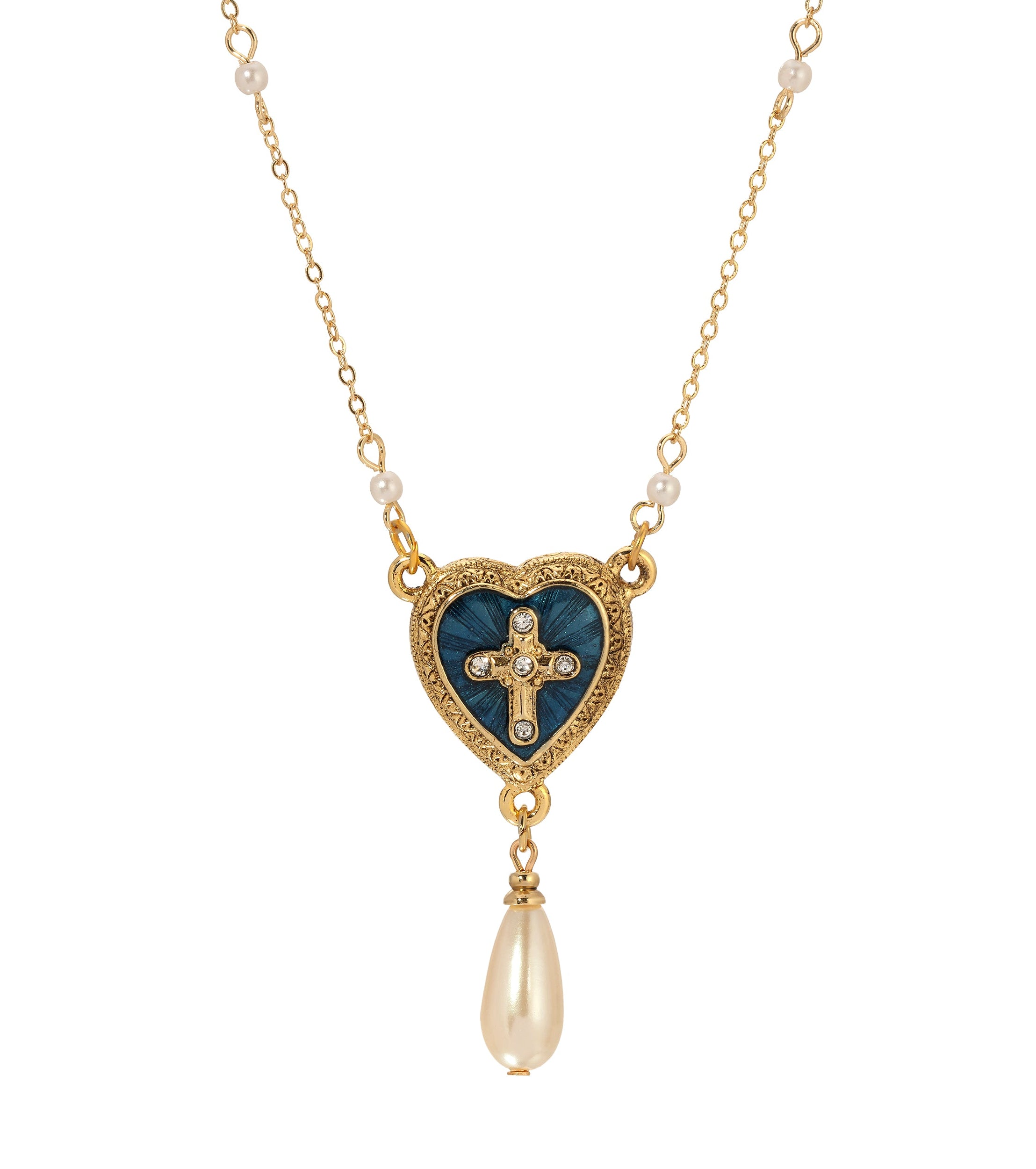 Symbols of Faith Blue Enamel Heart Cross and Pearl Drop Necklace 16" + 3" Extension