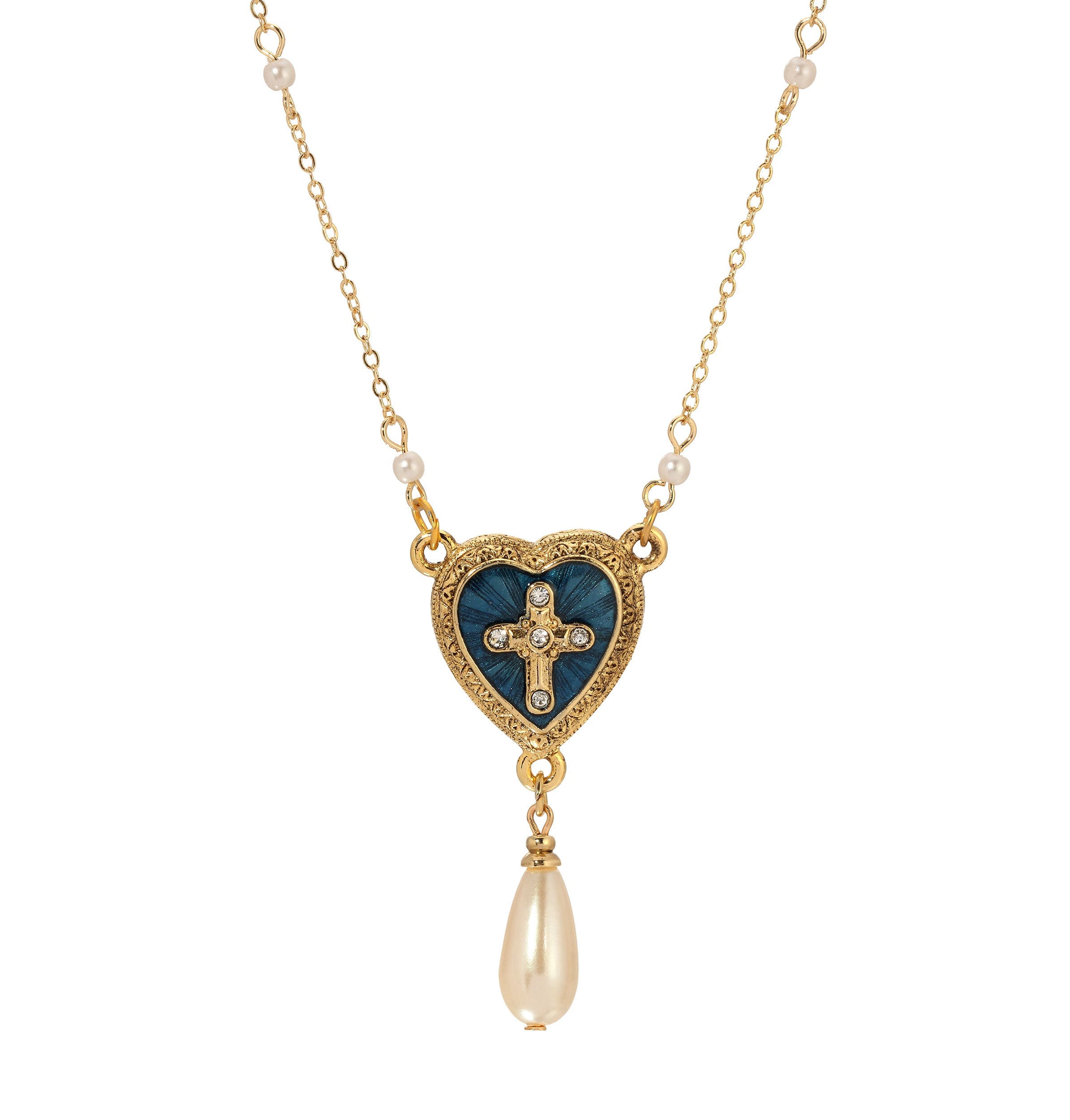 Symbols of Faith Blue Enamel Heart Cross and Pearl Drop Necklace 16" + 3" Extension