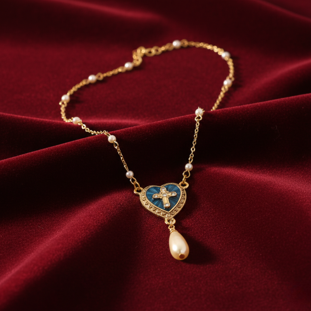 Gold necklace with a heart-shaped pendant featuring a cross on a red fabric background.
