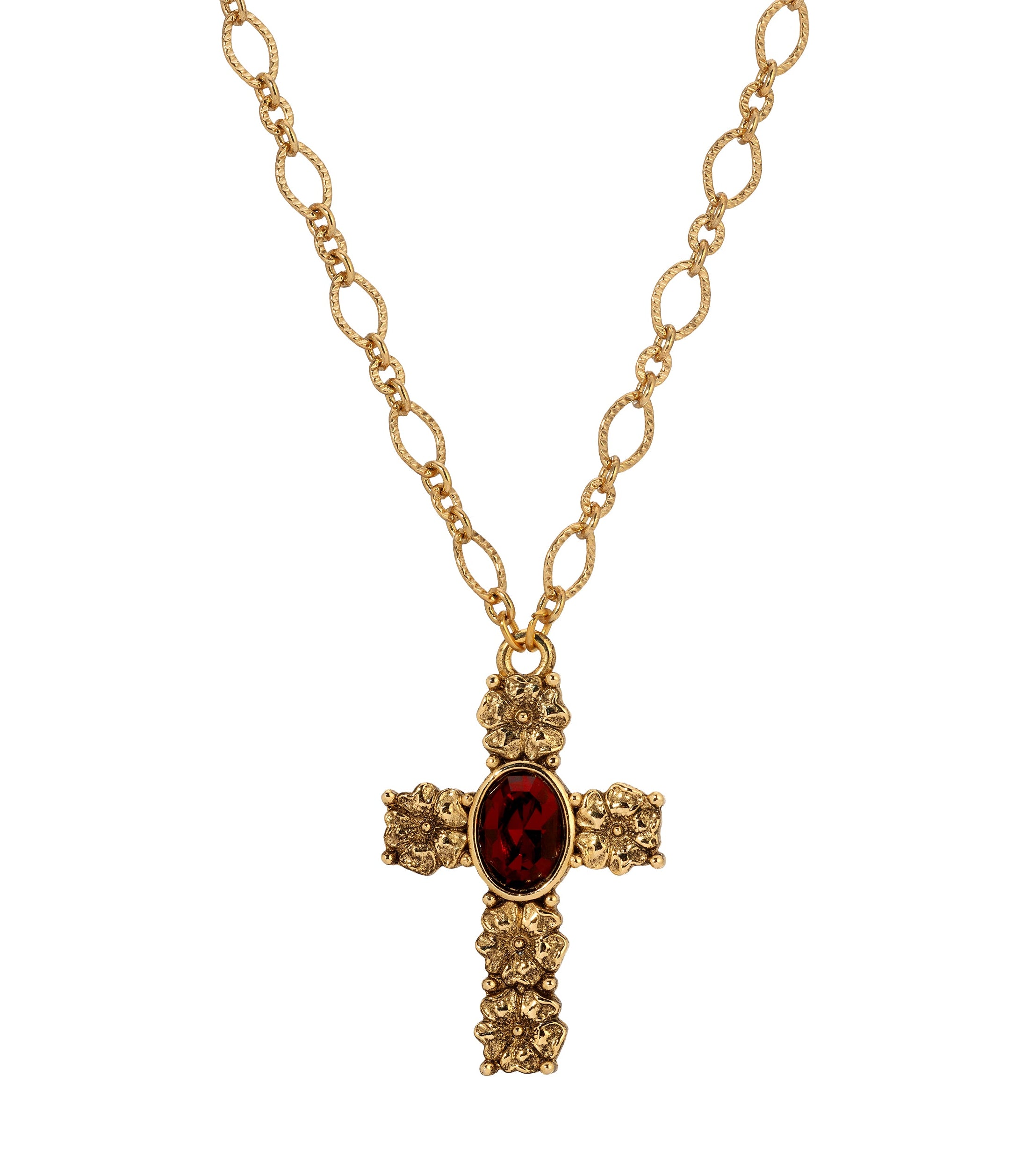 Symbols Of Faith Garnet Red Crystal Floral Cross Pendant Necklace 28"
