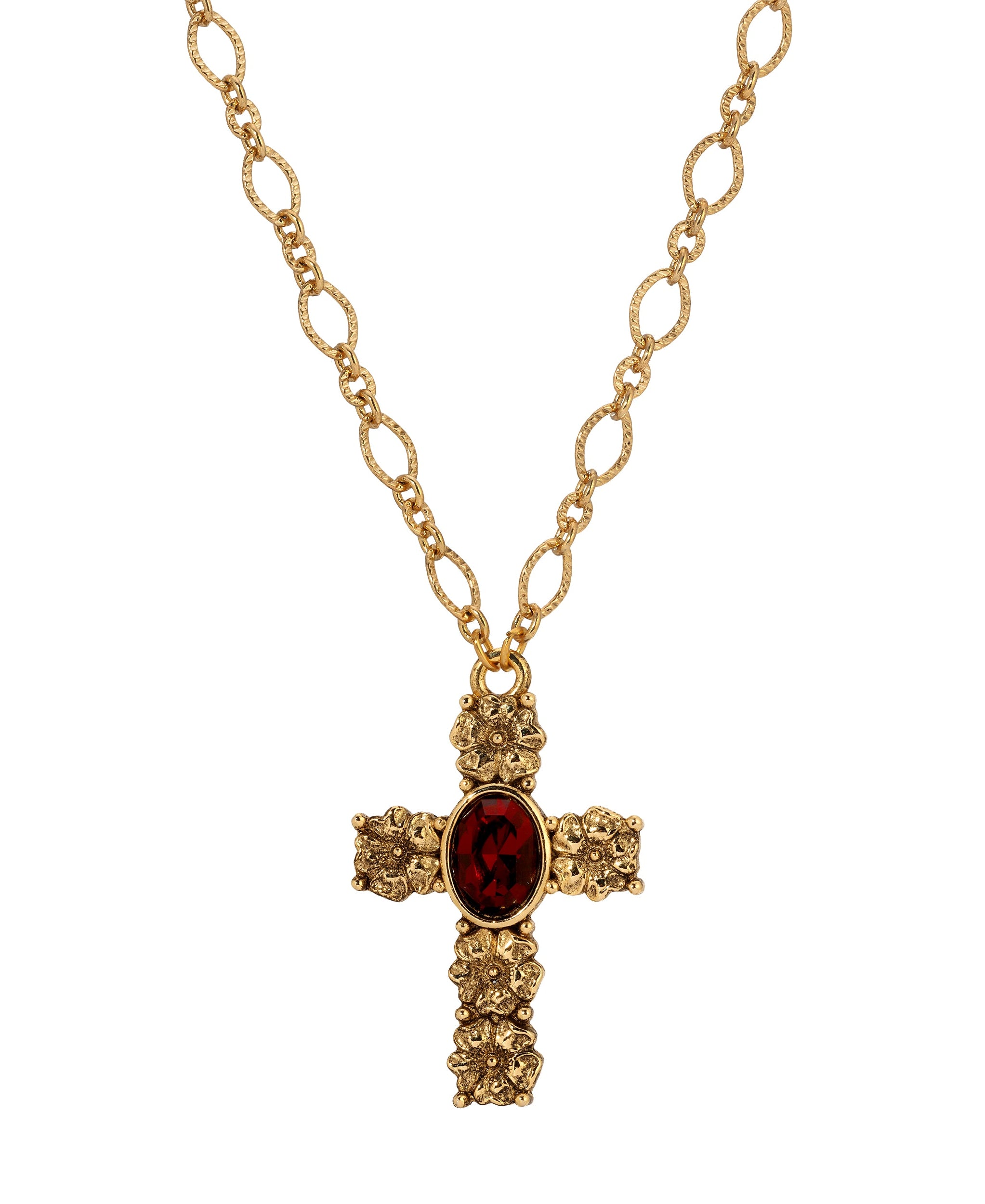 Symbols Of Faith Garnet Red Crystal Floral Cross Pendant Necklace 28"