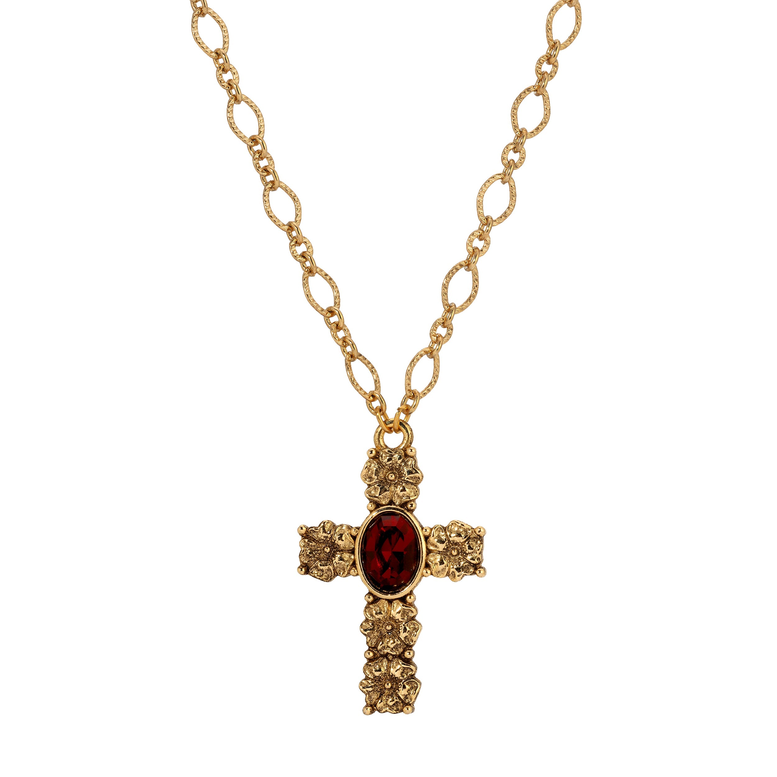 Symbols Of Faith Garnet Red Crystal Floral Cross Pendant Necklace 28"
