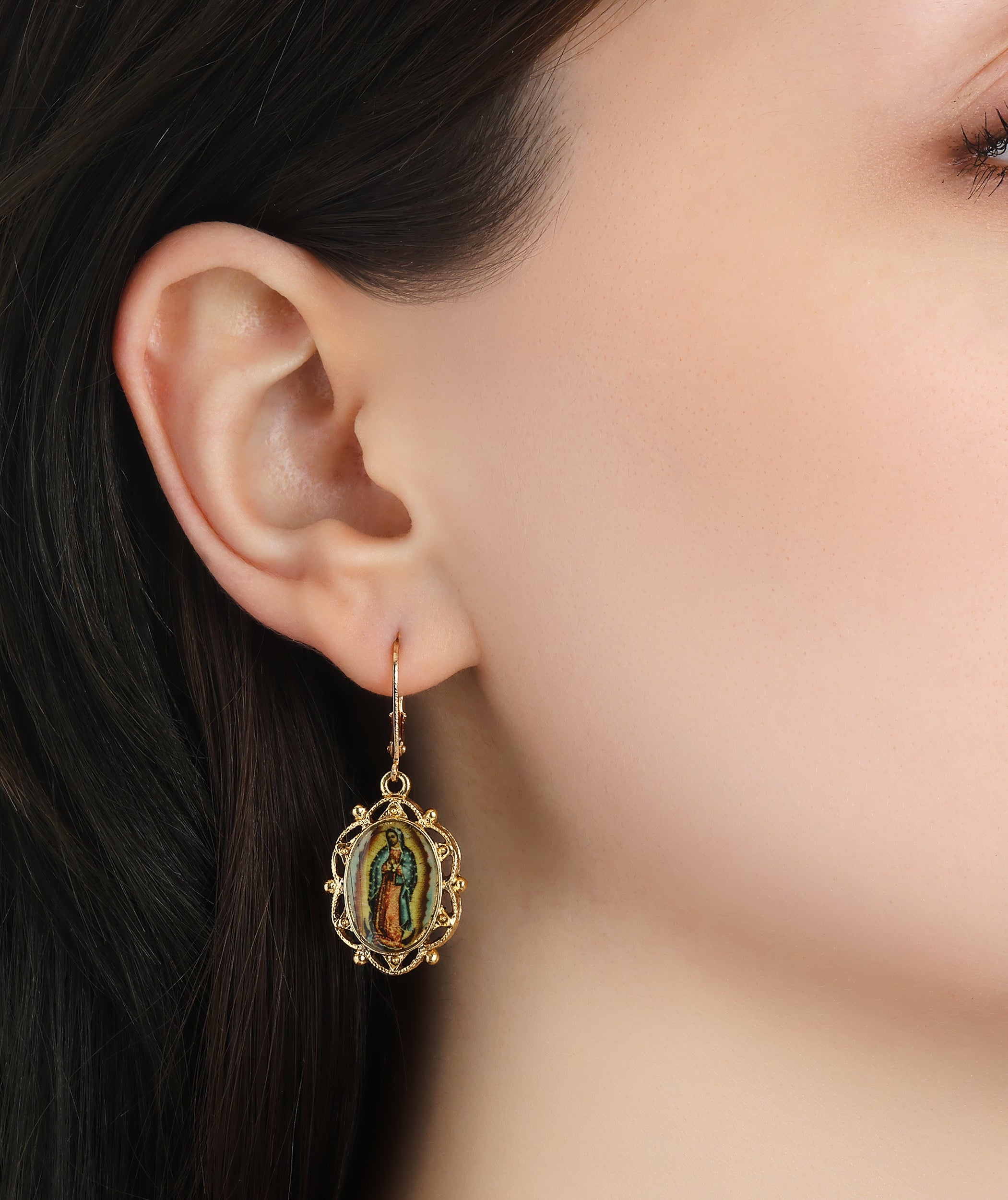 Symbols Of Faith Our Lady of Guadalupe Oval Decal Drop Earrings
