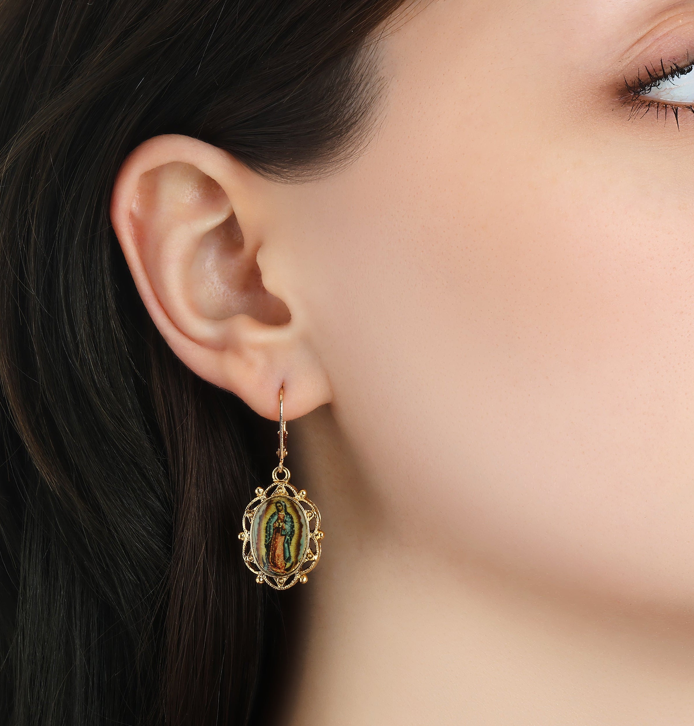 Symbols Of Faith Our Lady of Guadalupe Oval Decal Drop Earrings