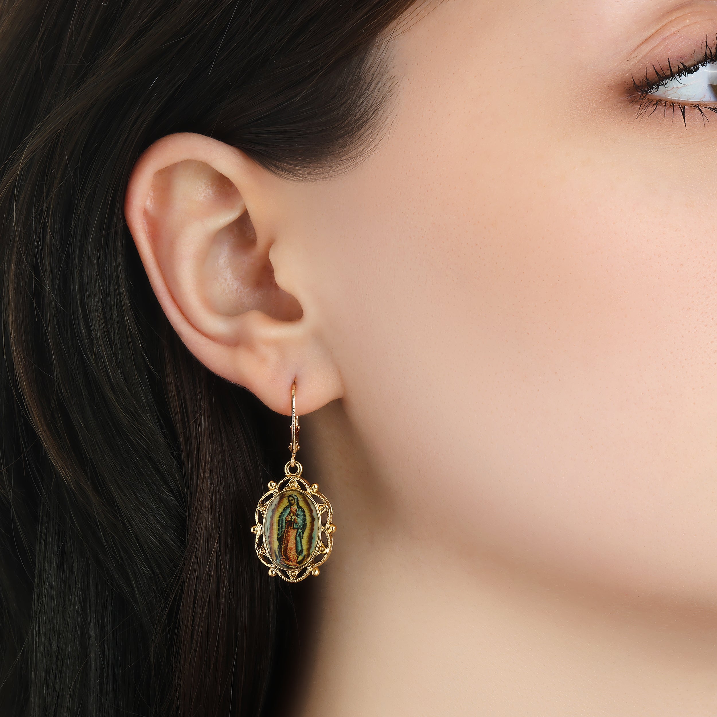 Symbols Of Faith Our Lady of Guadalupe Oval Decal Drop Earrings