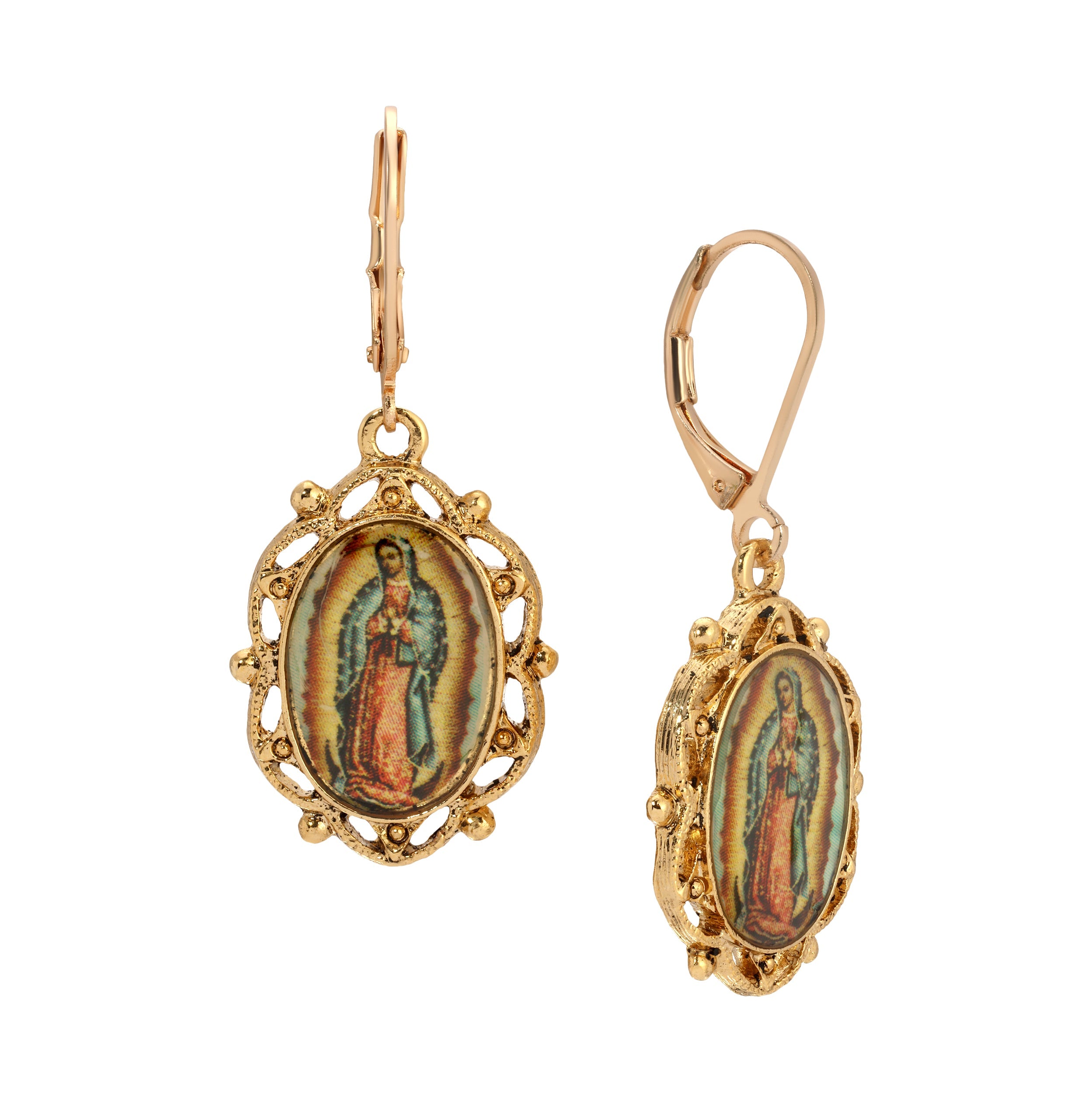 Symbols Of Faith Our Lady of Guadalupe Oval Decal Drop Earrings