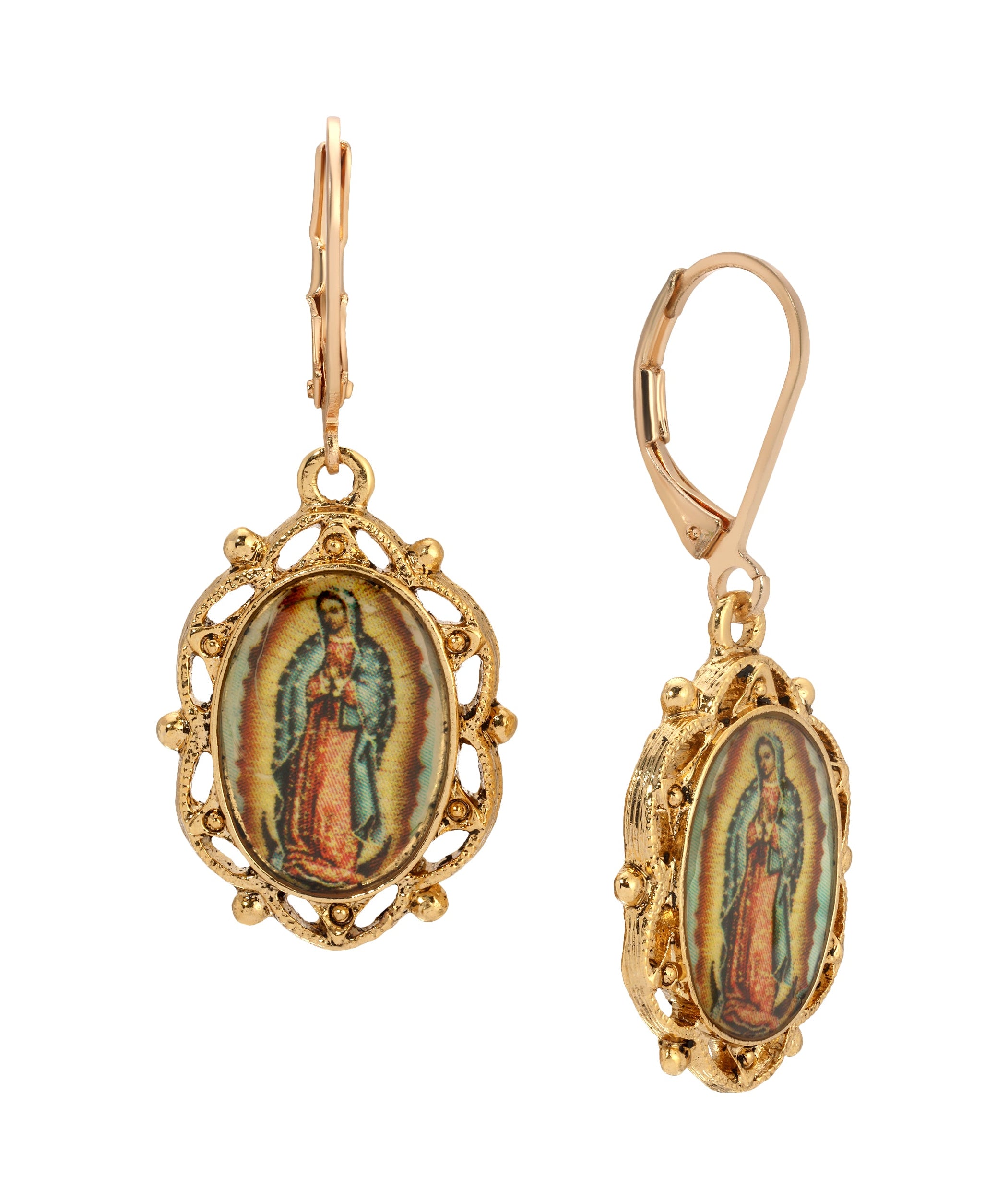 Symbols Of Faith Our Lady of Guadalupe Oval Decal Drop Earrings