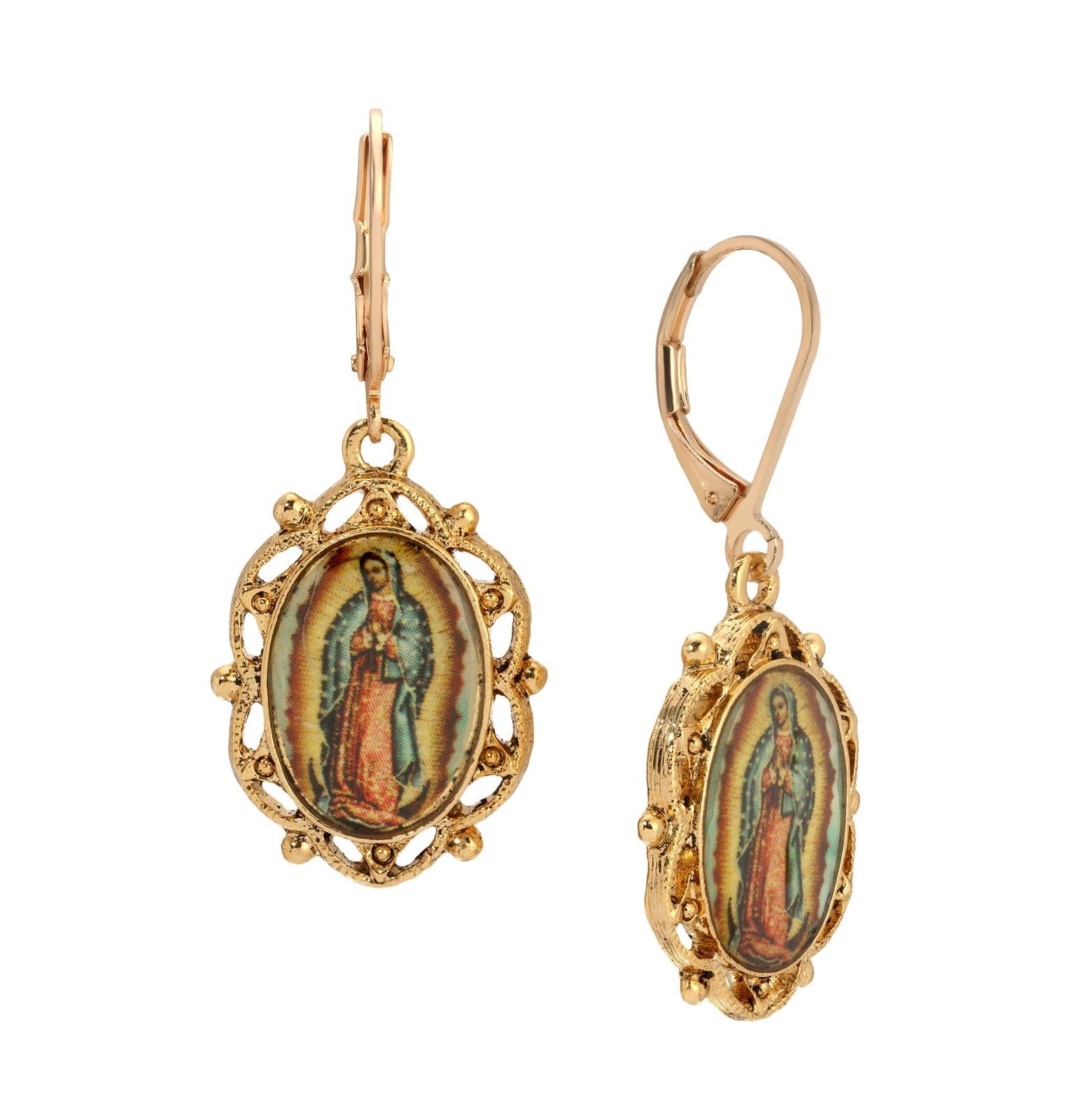 Symbols Of Faith Our Lady of Guadalupe Oval Decal Drop Earrings