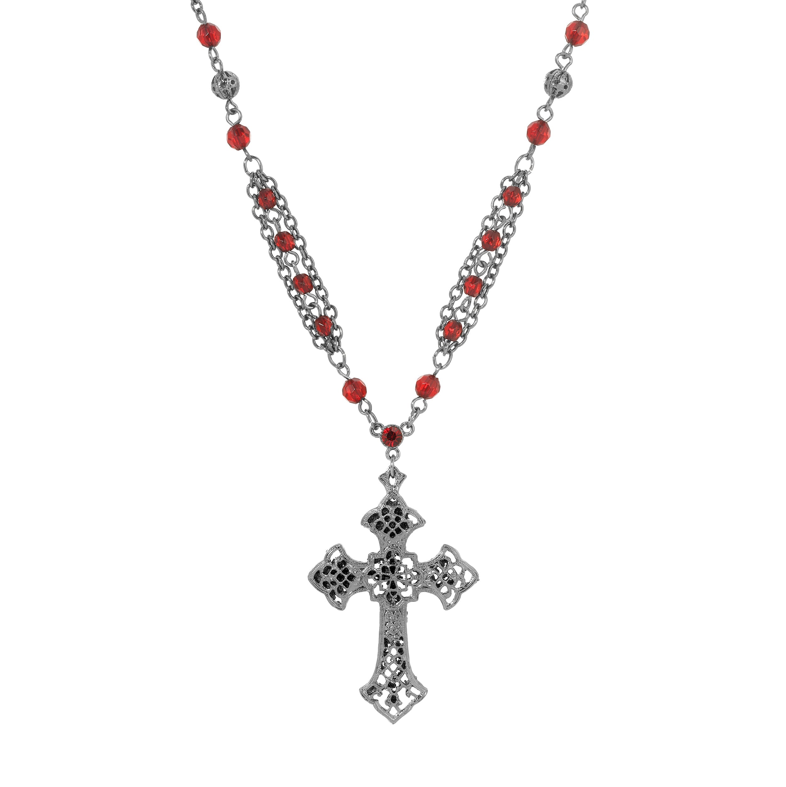 Symbols Of Faith Red Crystal Ornate Black Cross Pendant Necklace 16" + 3" Extension