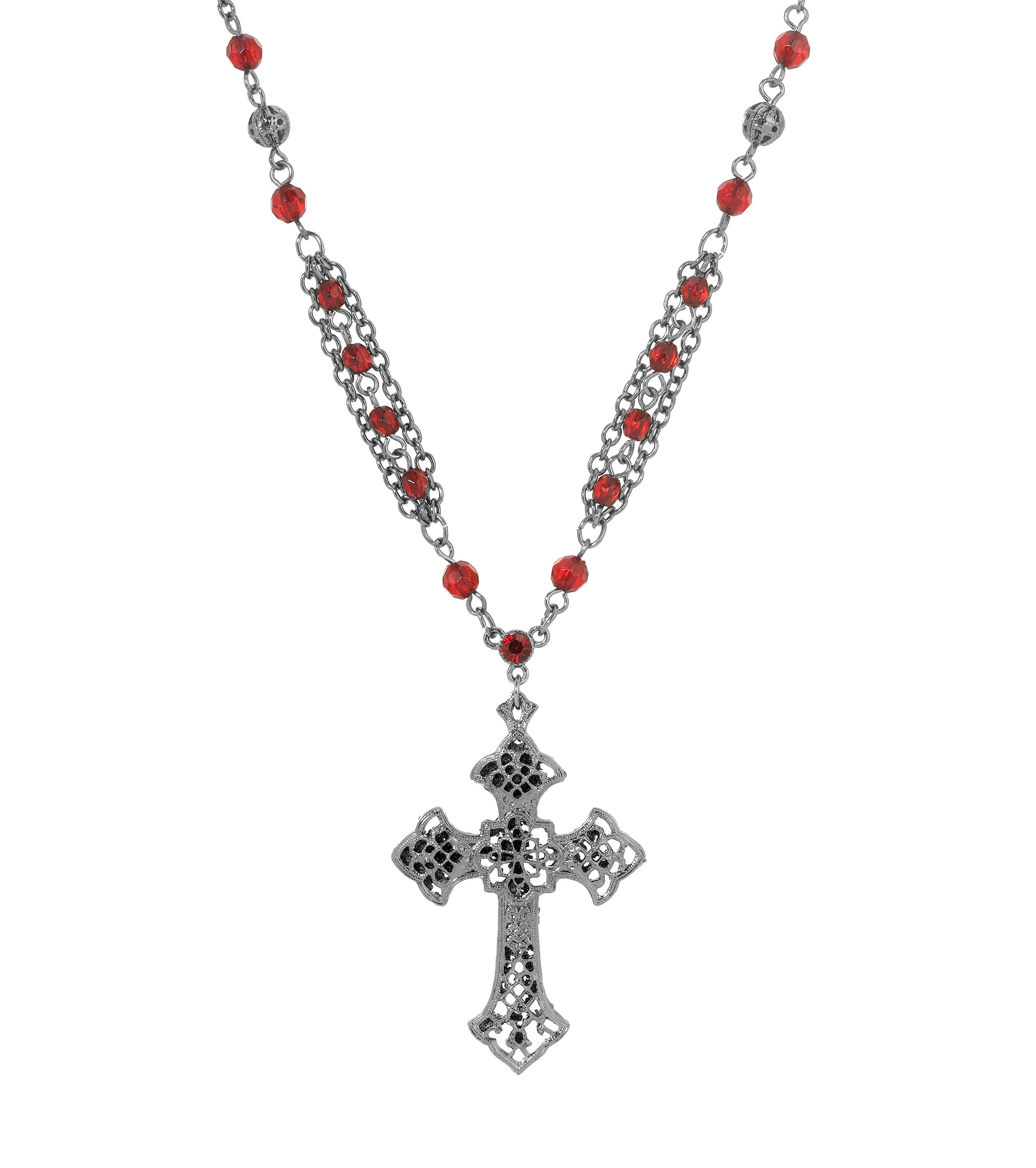 Symbols Of Faith Red Crystal Ornate Black Cross Pendant Necklace 16" + 3" Extension