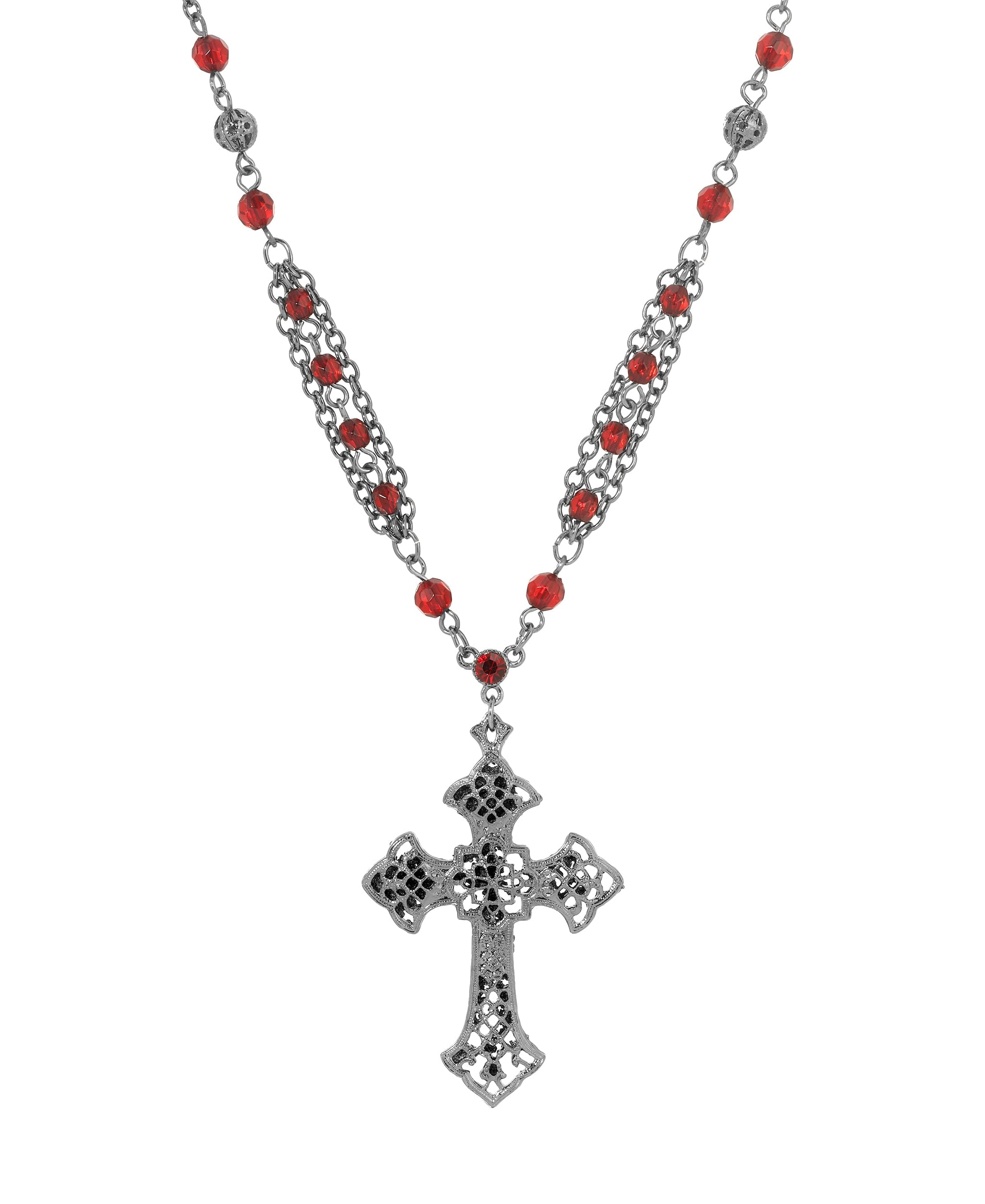 Symbols Of Faith Red Crystal Ornate Black Cross Pendant Necklace 16" + 3" Extension