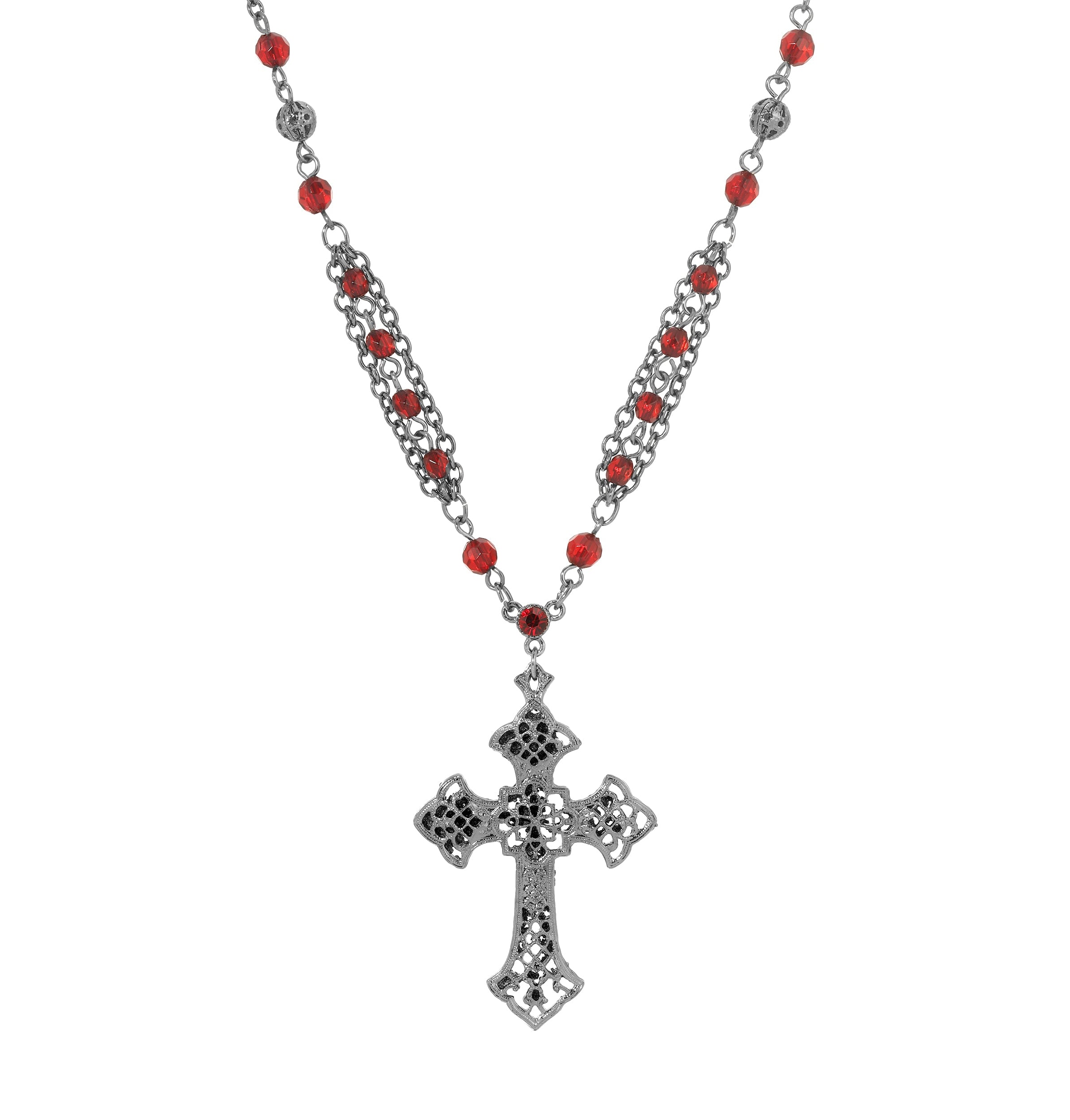 Symbols Of Faith Red Crystal Ornate Black Cross Pendant Necklace 16" + 3" Extension