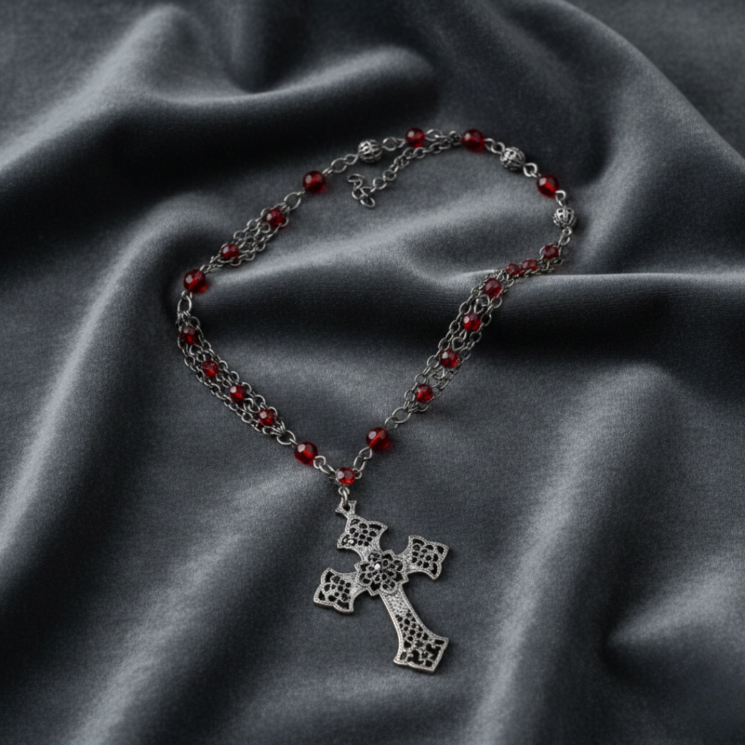 Necklace with red beads and a silver cross pendant on a dark fabric background