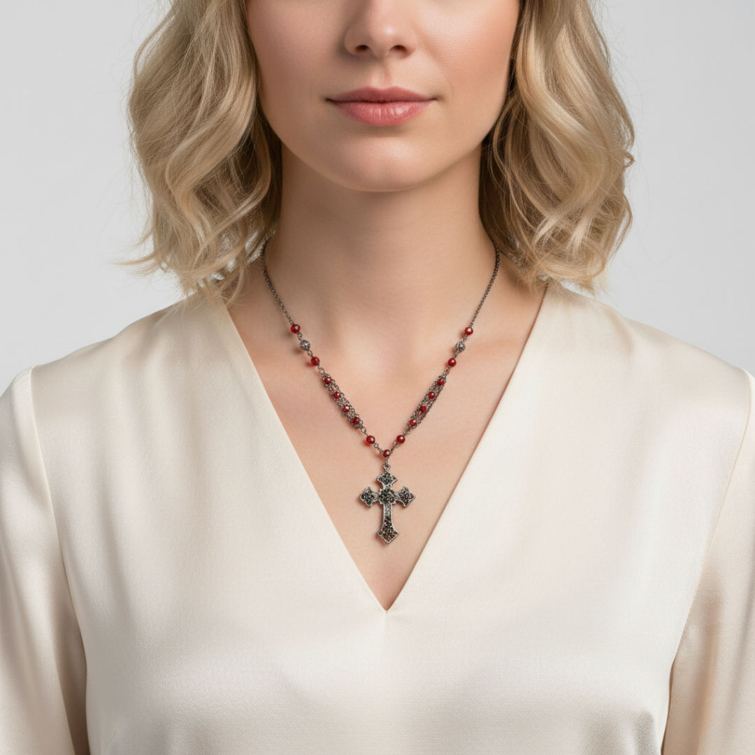 Woman wearing a necklace with a cross pendant on a plain background