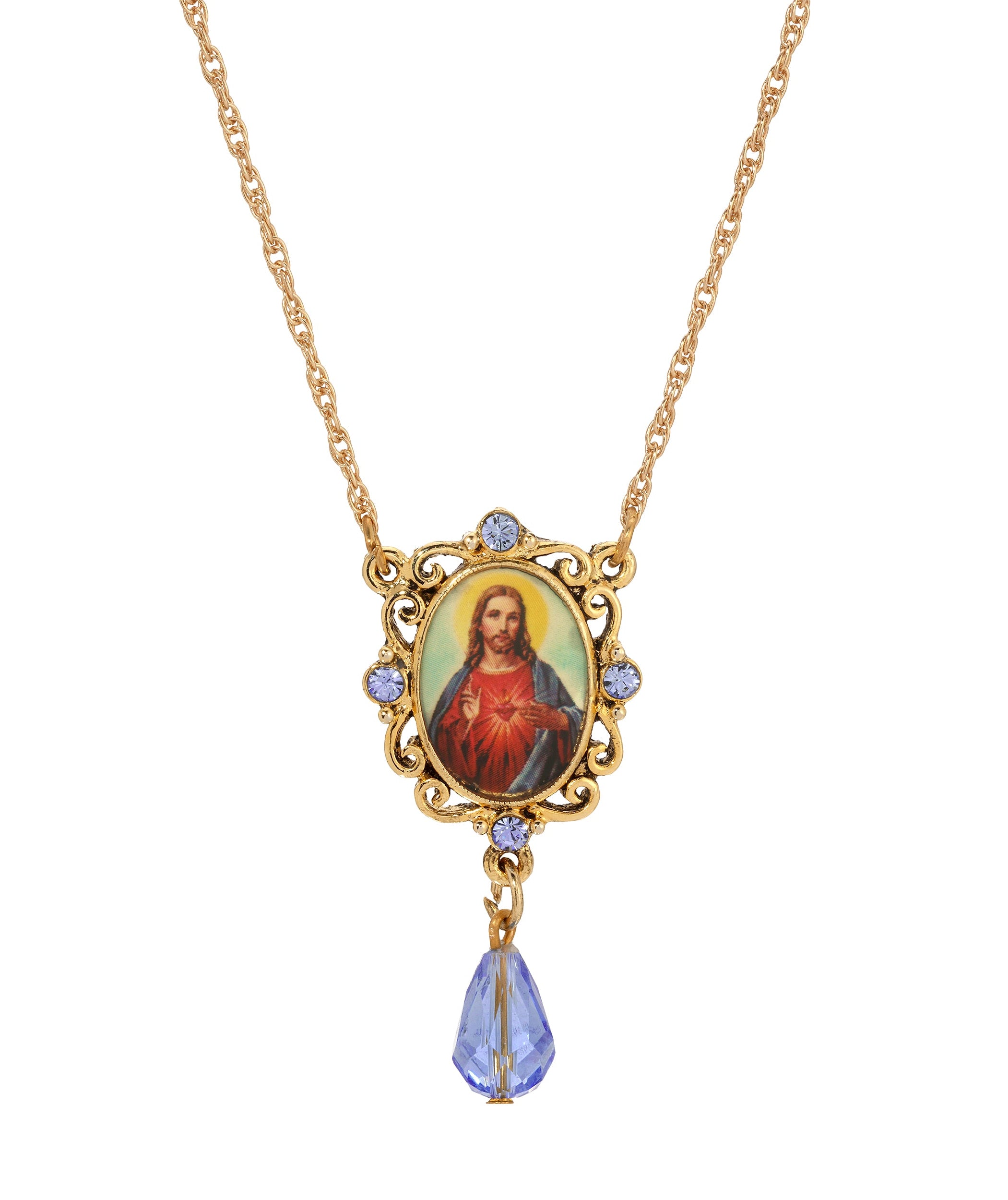 Symbols Of Faith Jesus Sacred Heart Sapphire Blue Crystal Drop Pendant Necklace 18"