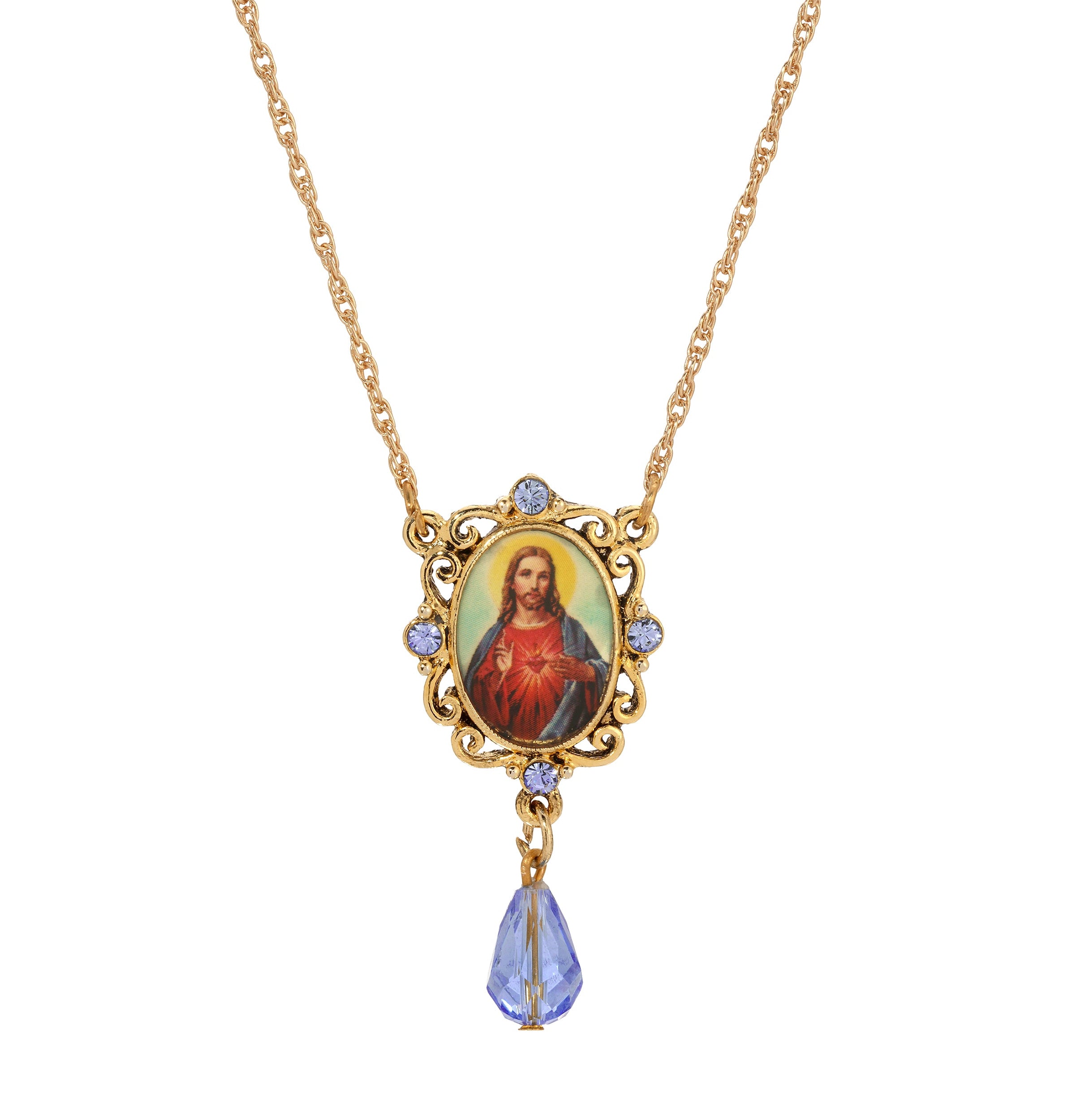Symbols Of Faith Jesus Sacred Heart Sapphire Blue Crystal Drop Pendant Necklace 18"