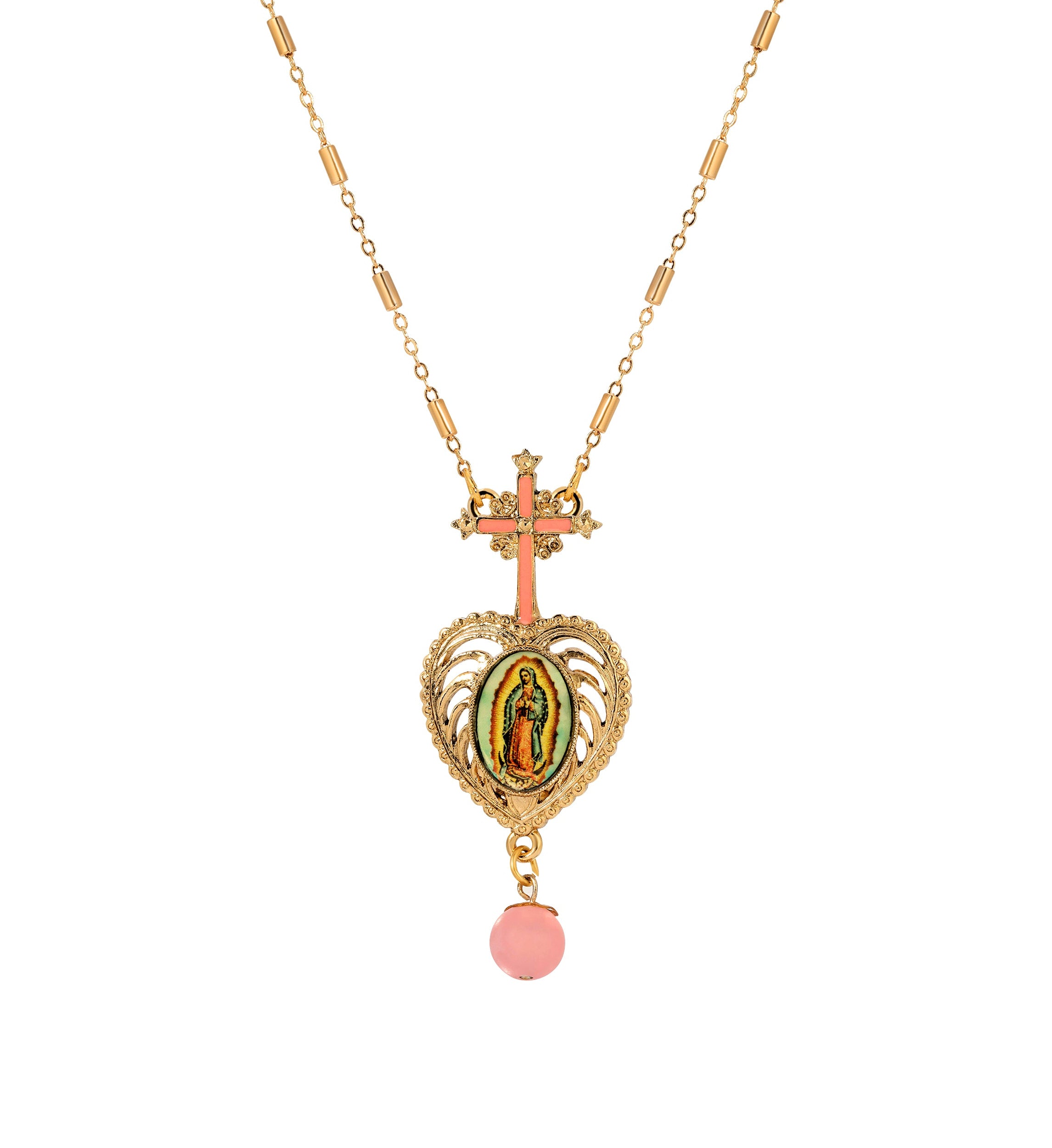 Symbols Of Faith Pink Cross & Our Lady of Guadalupe Heart Pendant Necklace 28"