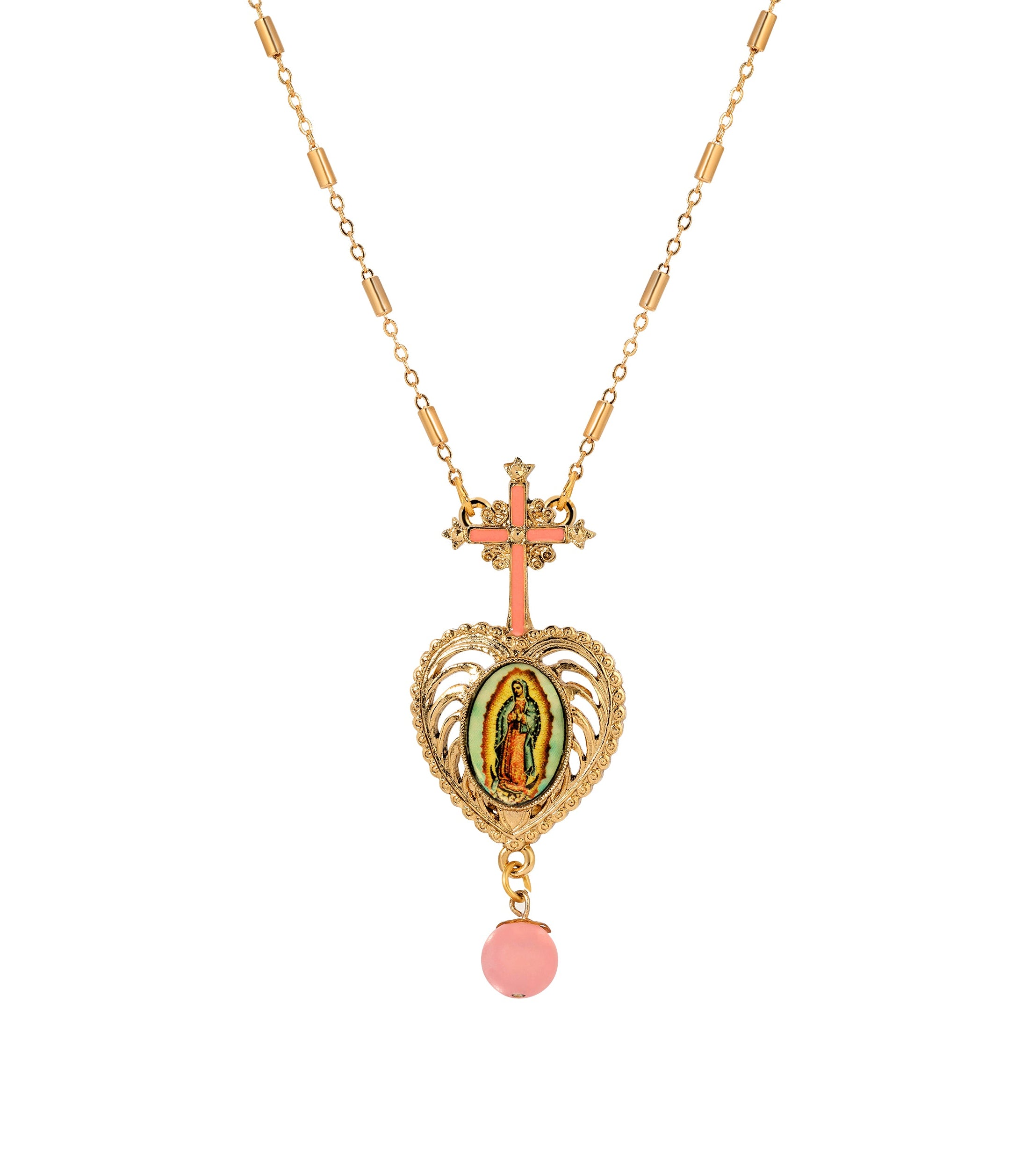 Symbols Of Faith Pink Cross & Our Lady of Guadalupe Heart Pendant Necklace 28"