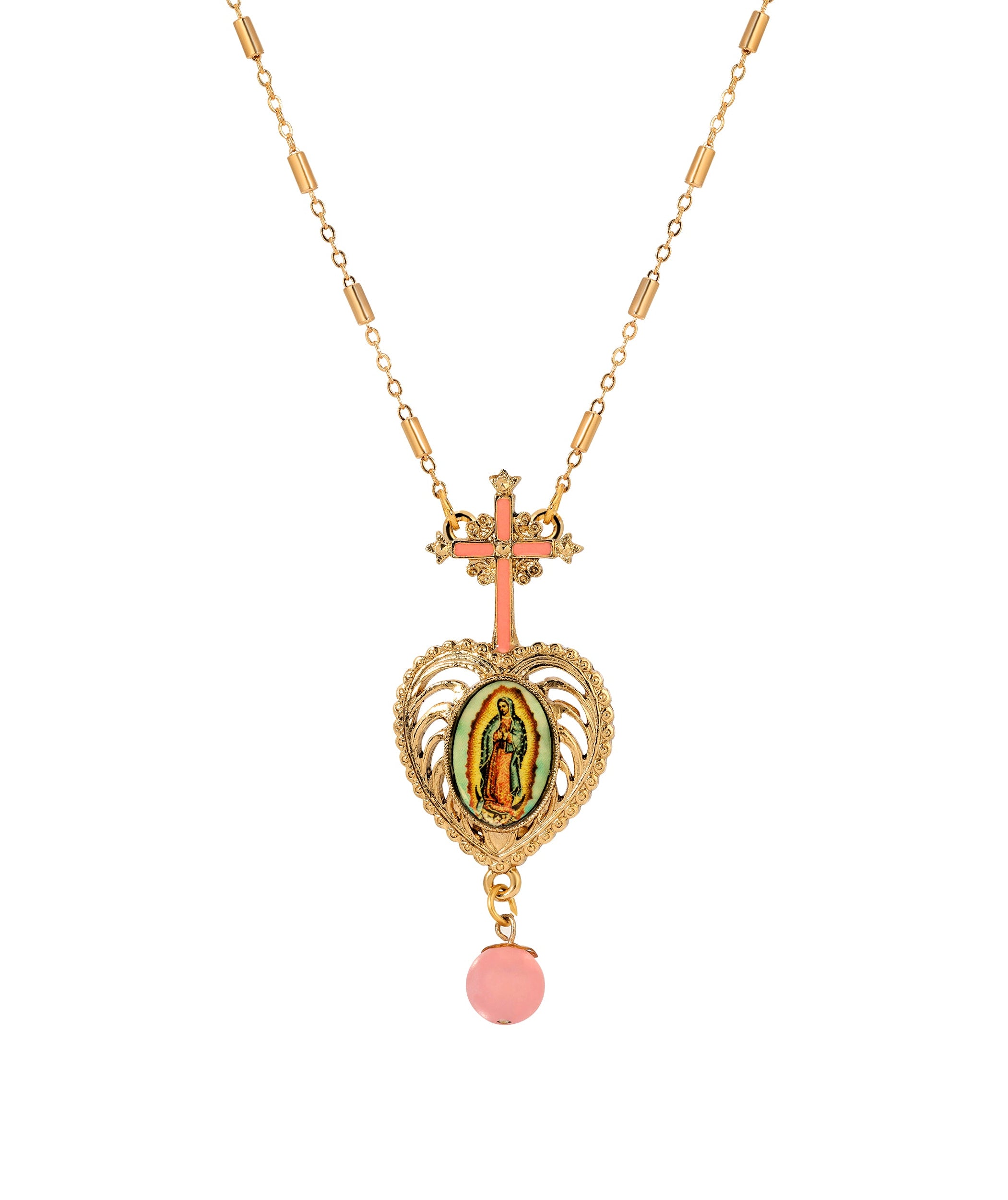 Symbols Of Faith Pink Cross & Our Lady of Guadalupe Heart Pendant Necklace 28"