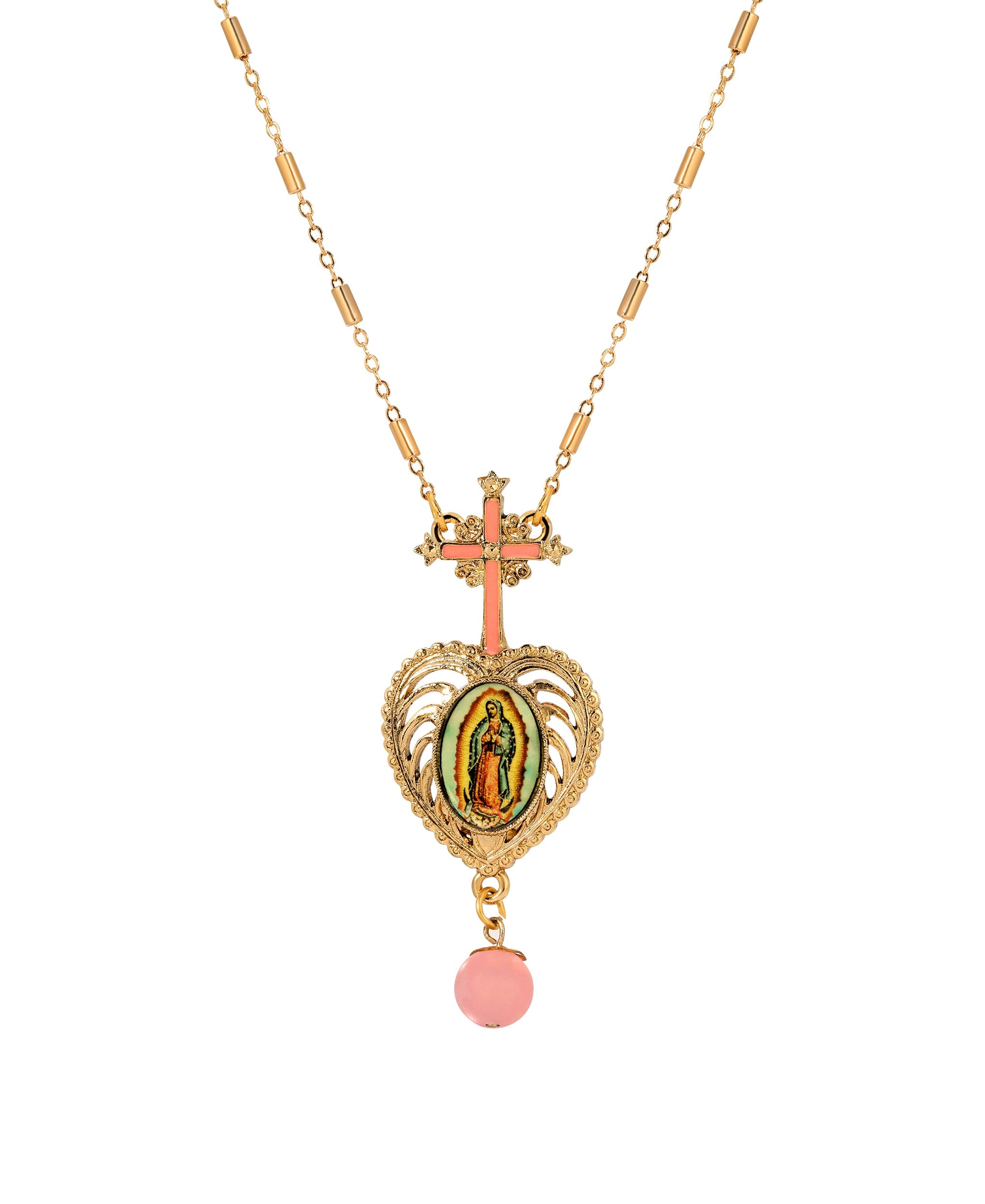 Symbols Of Faith Pink Cross & Our Lady of Guadalupe Heart Pendant Necklace 28"