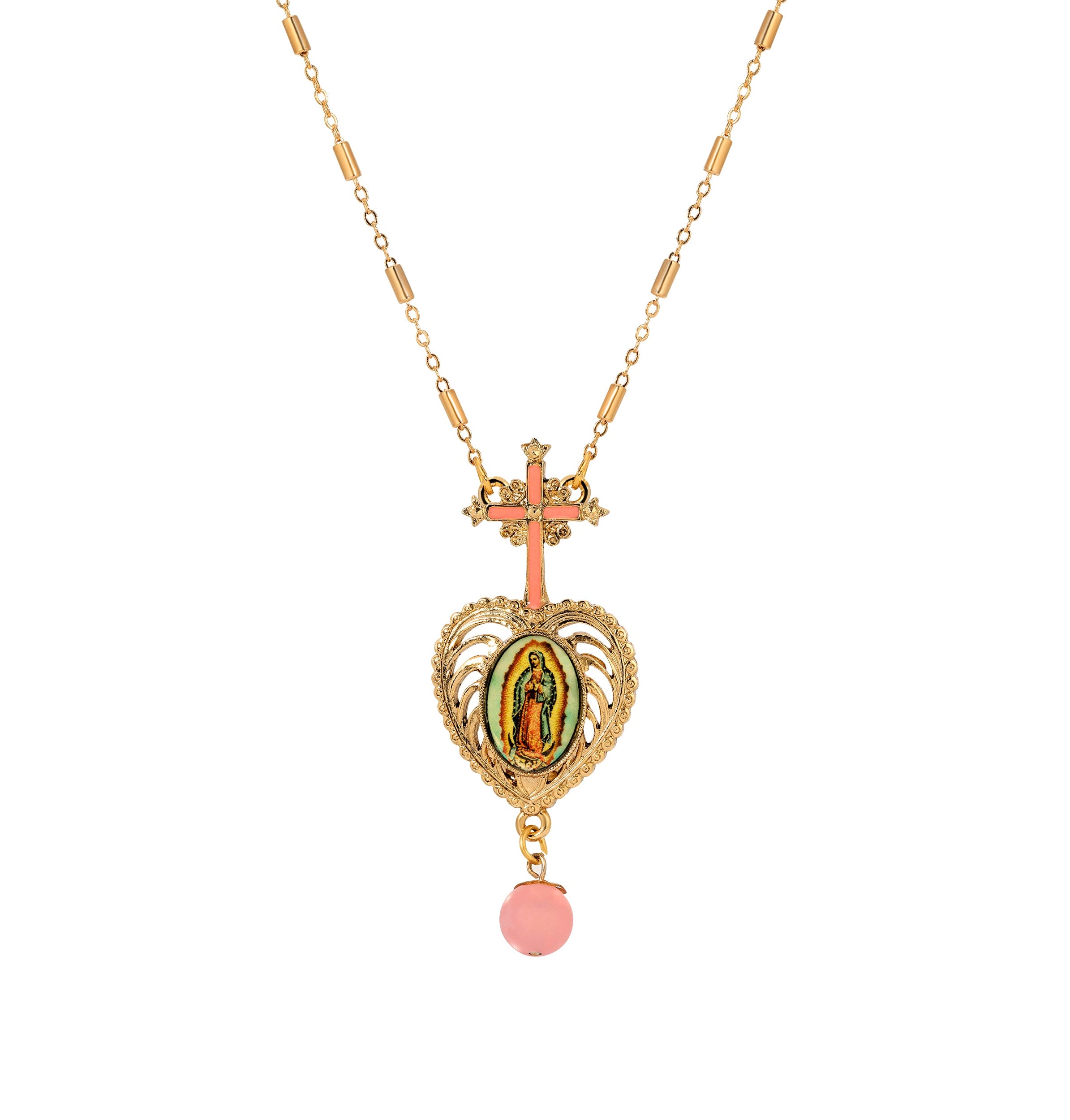Symbols Of Faith Pink Cross & Our Lady of Guadalupe Heart Pendant Necklace 28"