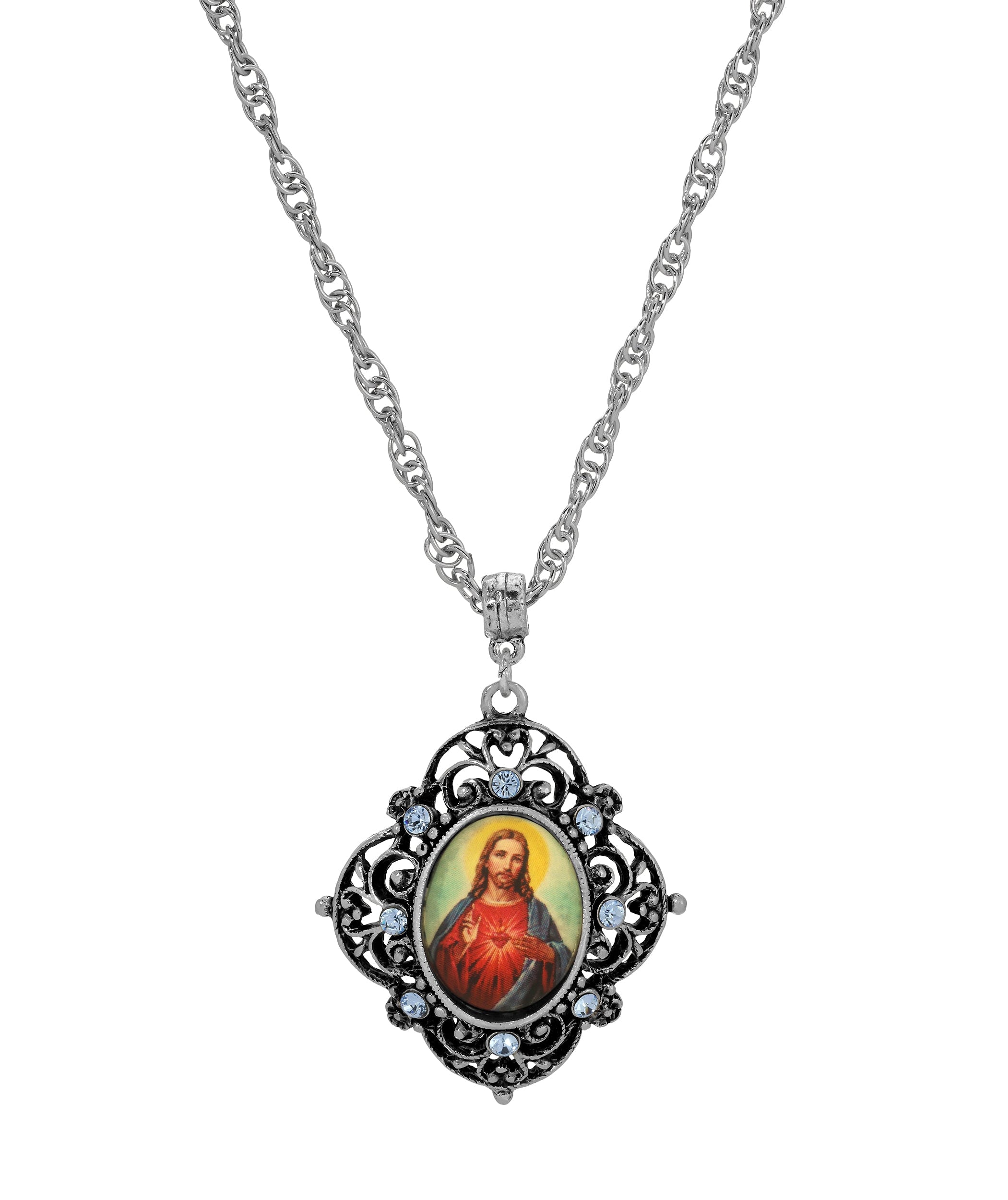 Symbols Of Faith Jesus Sacred Heart Blue Crystal Pendant Necklace 18"