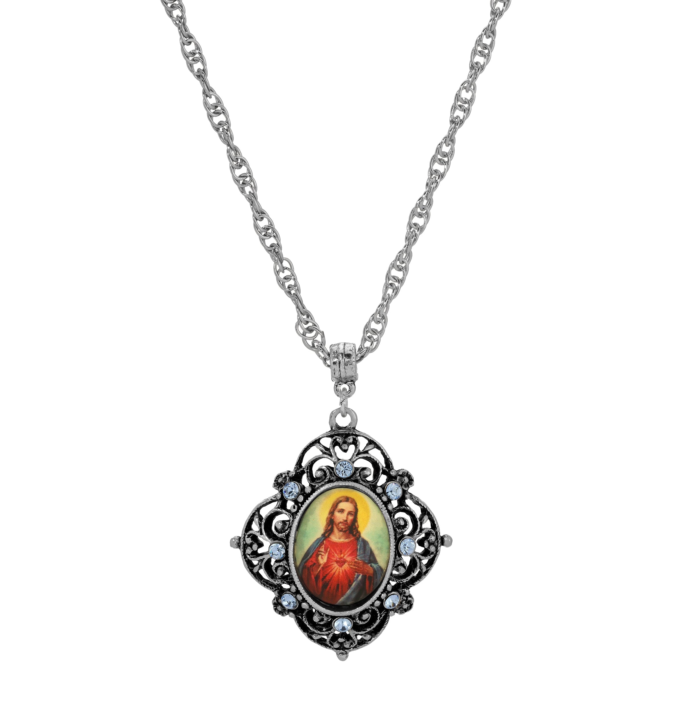 Symbols Of Faith Jesus Sacred Heart Blue Crystal Pendant Necklace 18"