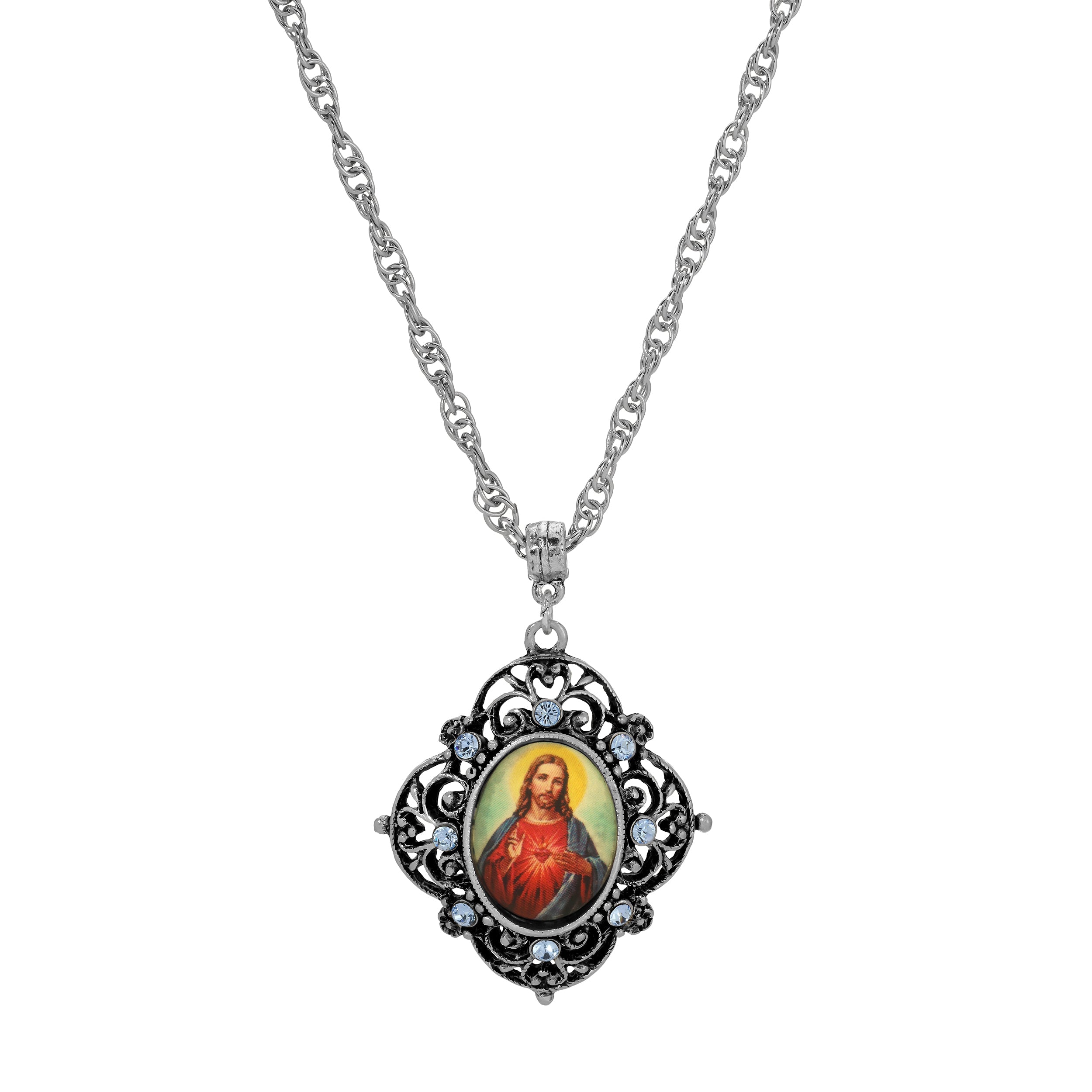Symbols Of Faith Jesus Sacred Heart Blue Crystal Pendant Necklace 18"