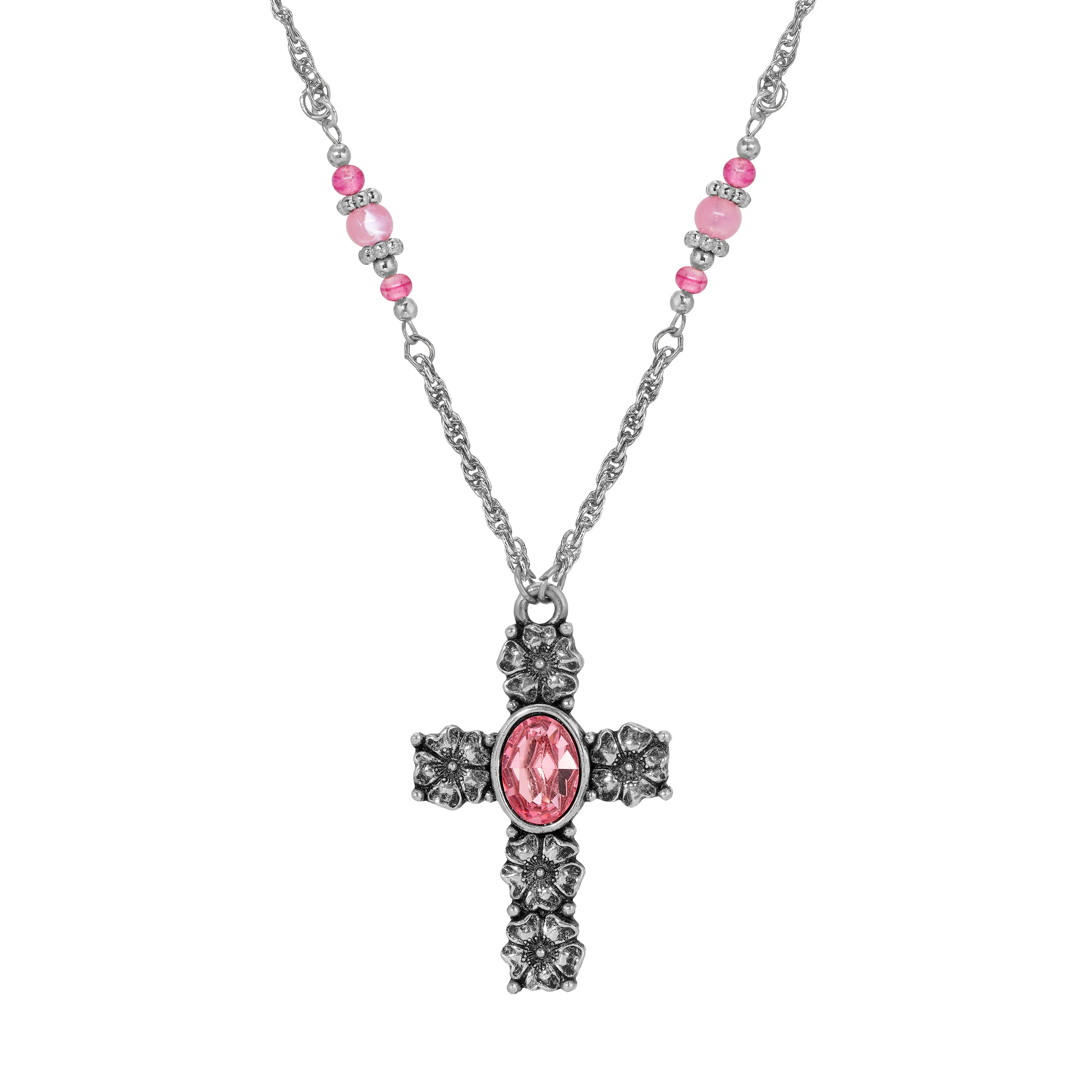 Symbols Of Faith Pink Crystal Floral Cross Pendant Necklace 28"