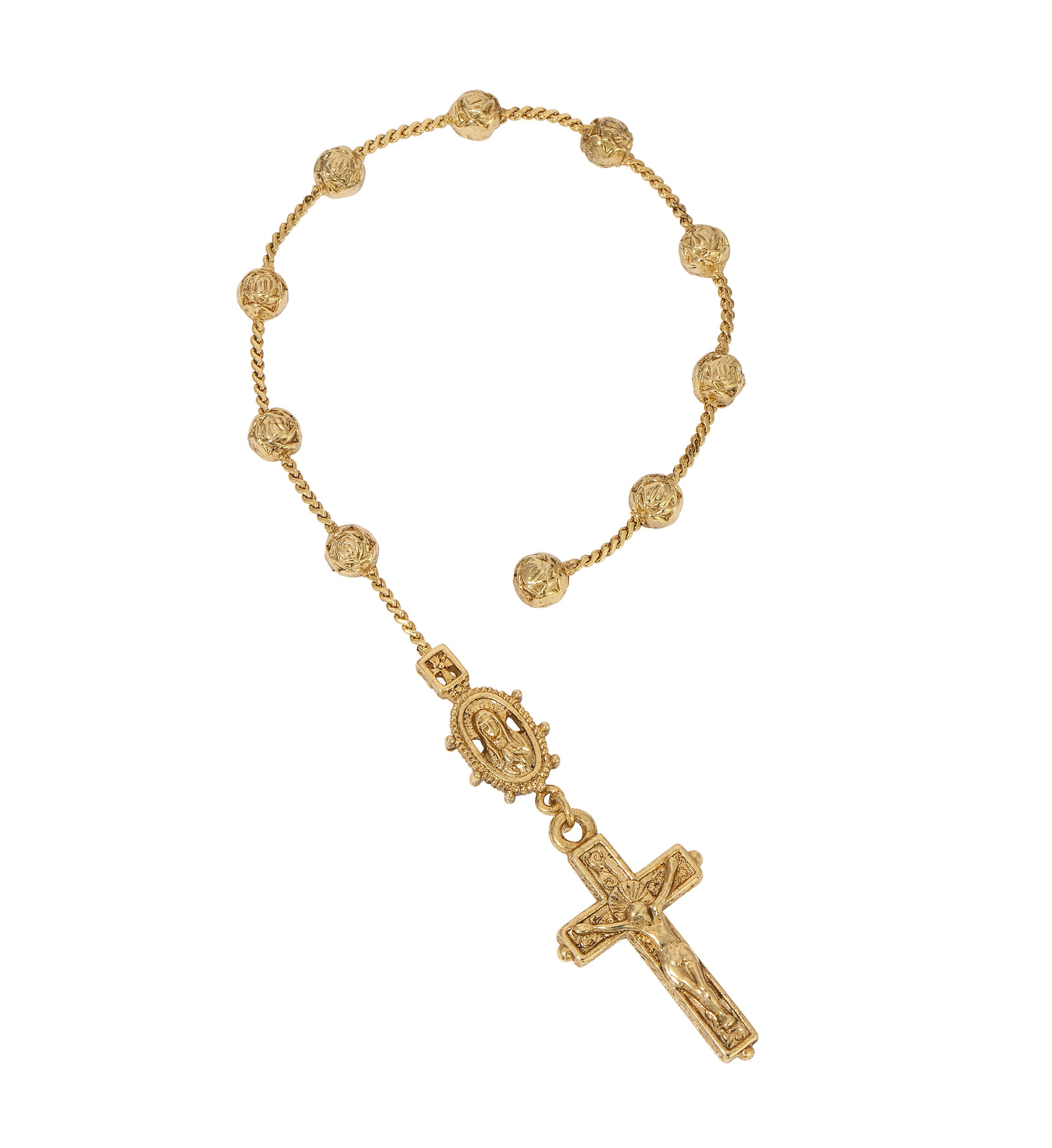 Symbols of Faith Gold Rose Beaded Mary & Crucifix Rosary