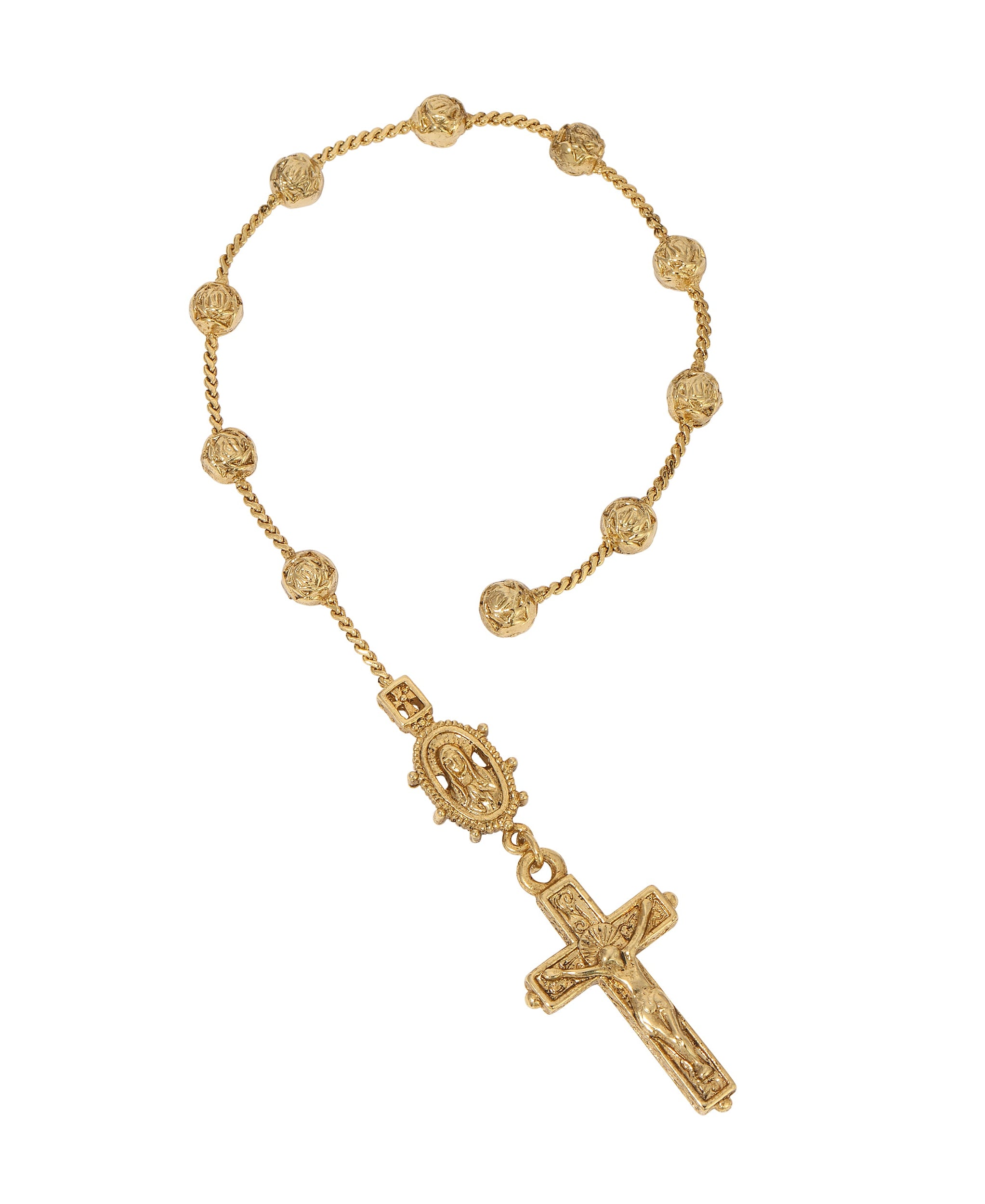 Symbols of Faith Gold Rose Beaded Mary & Crucifix Rosary