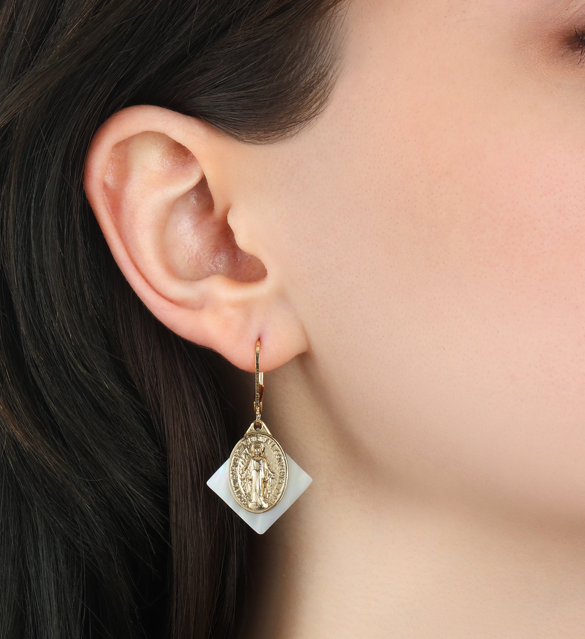 Symbols Of Faith Mother Of Pearl Miraculous Medal Drop Earrings