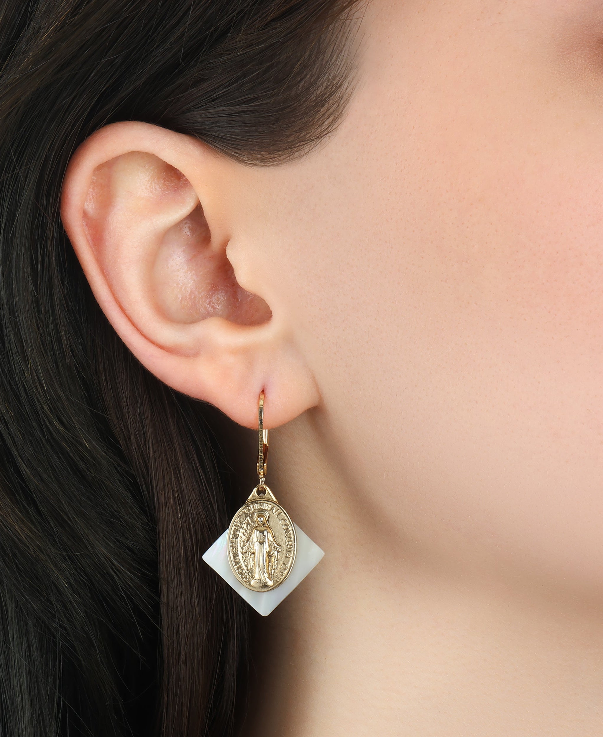 Symbols Of Faith Mother Of Pearl Miraculous Medal Drop Earrings