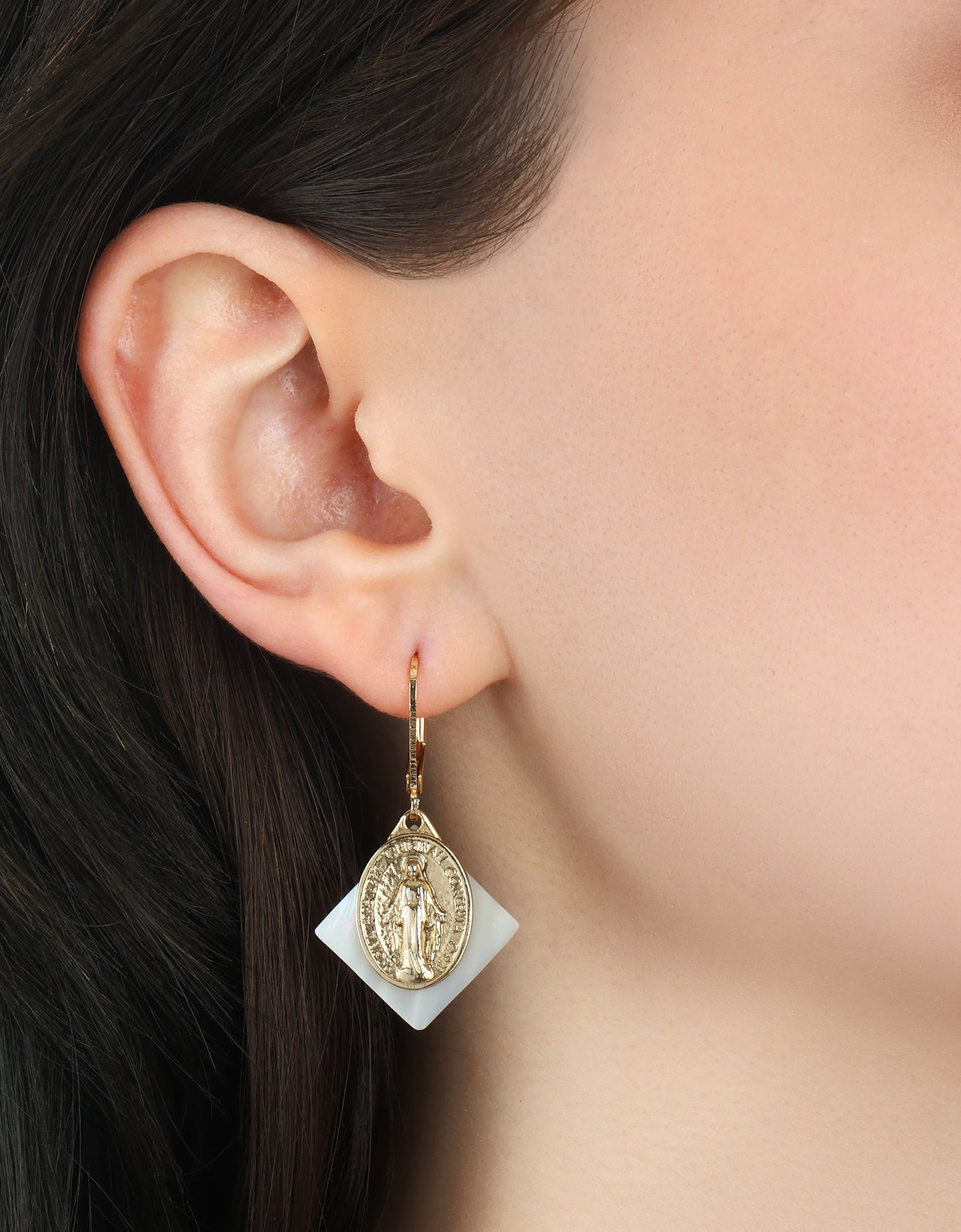Symbols Of Faith Mother Of Pearl Miraculous Medal Drop Earrings