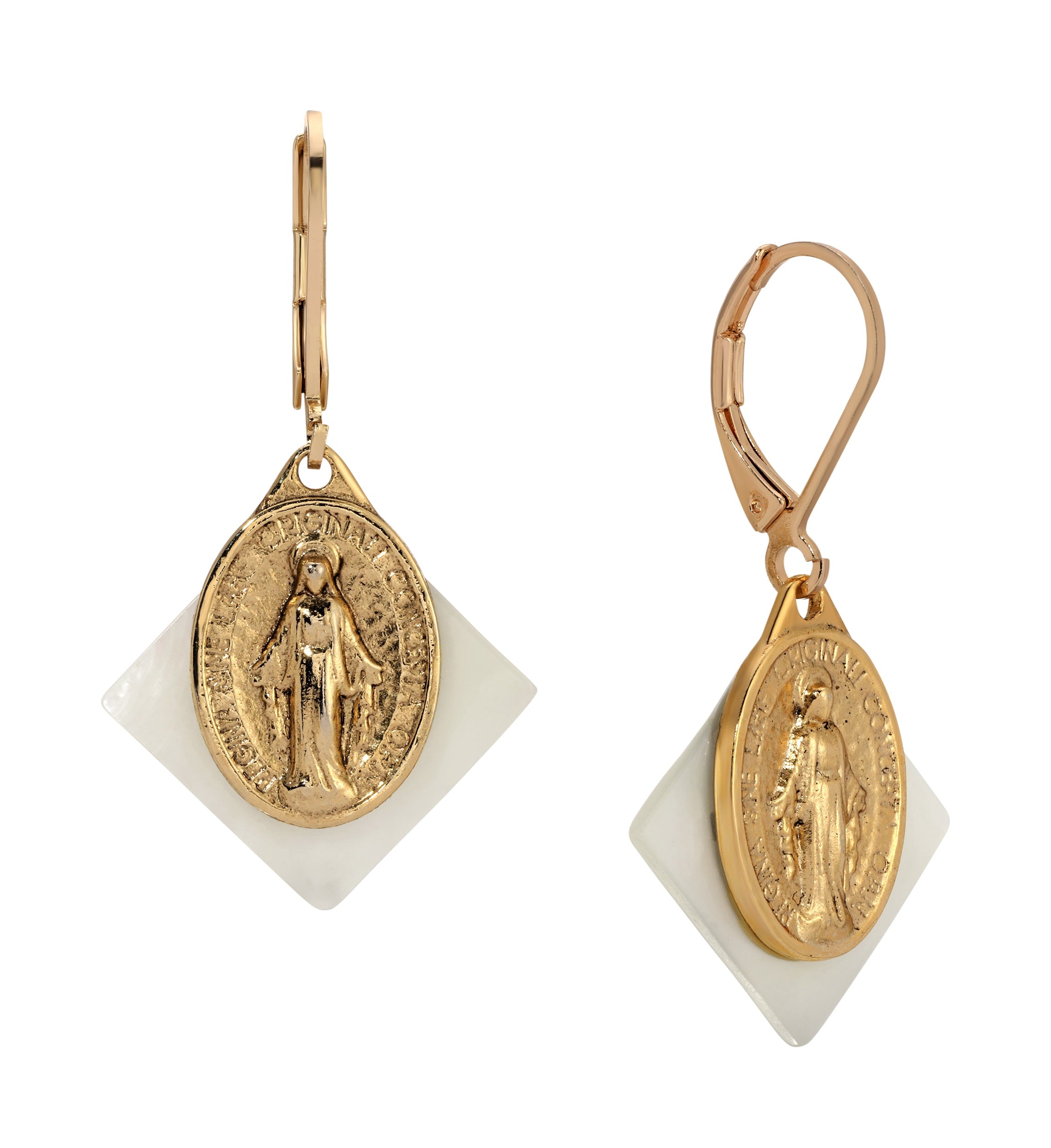 Symbols Of Faith Mother Of Pearl Miraculous Medal Drop Earrings