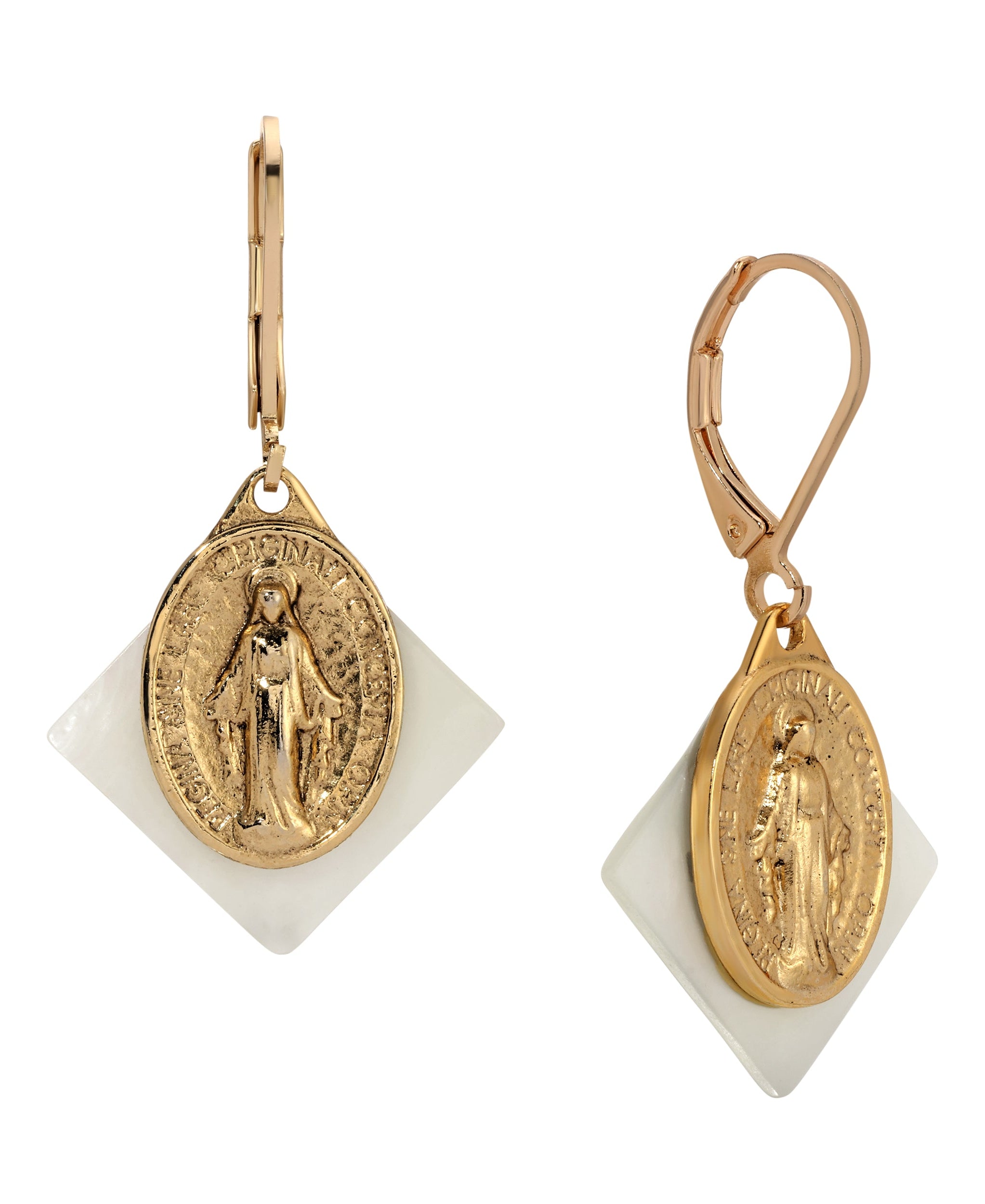 Symbols Of Faith Mother Of Pearl Miraculous Medal Drop Earrings