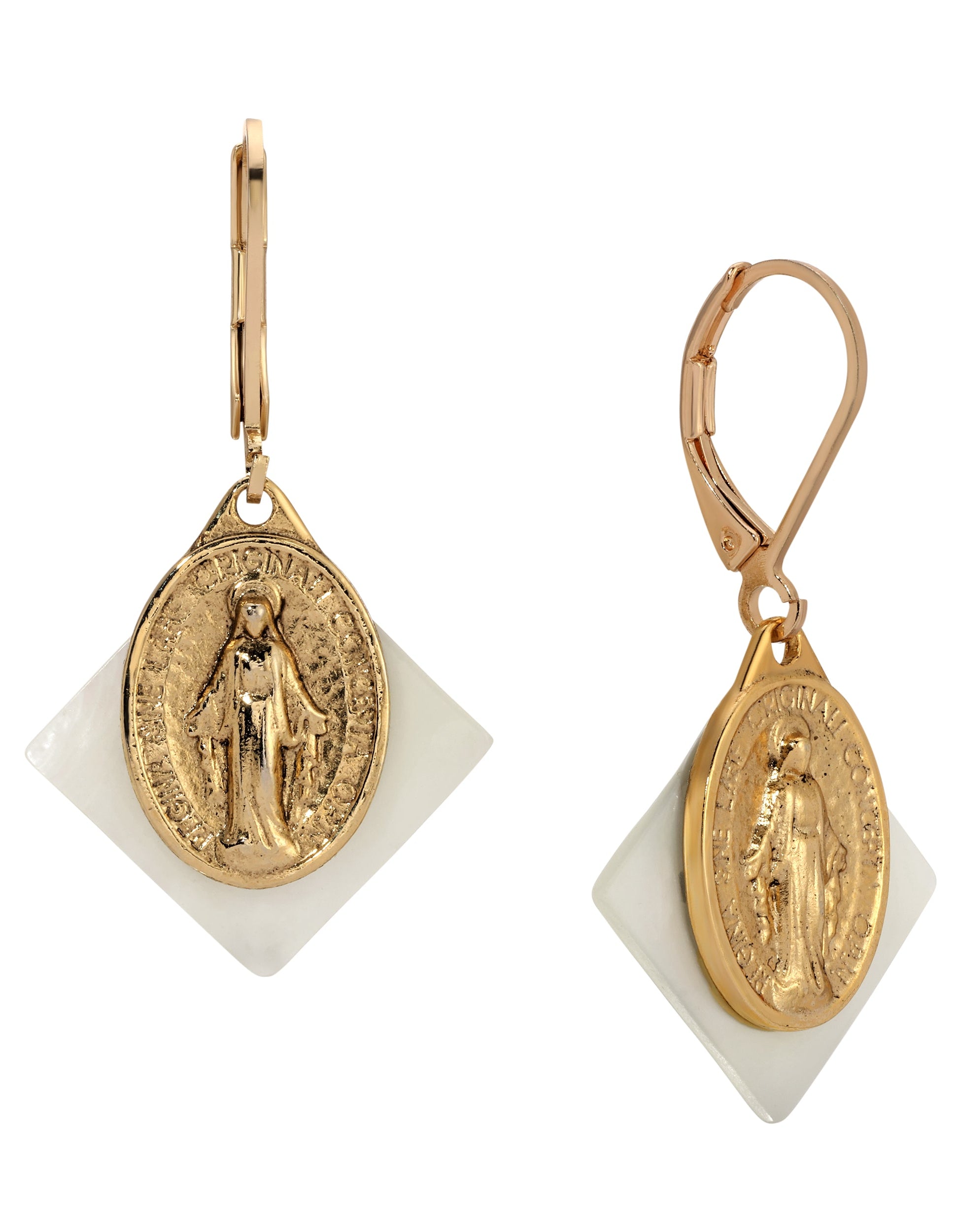 Symbols Of Faith Mother Of Pearl Miraculous Medal Drop Earrings
