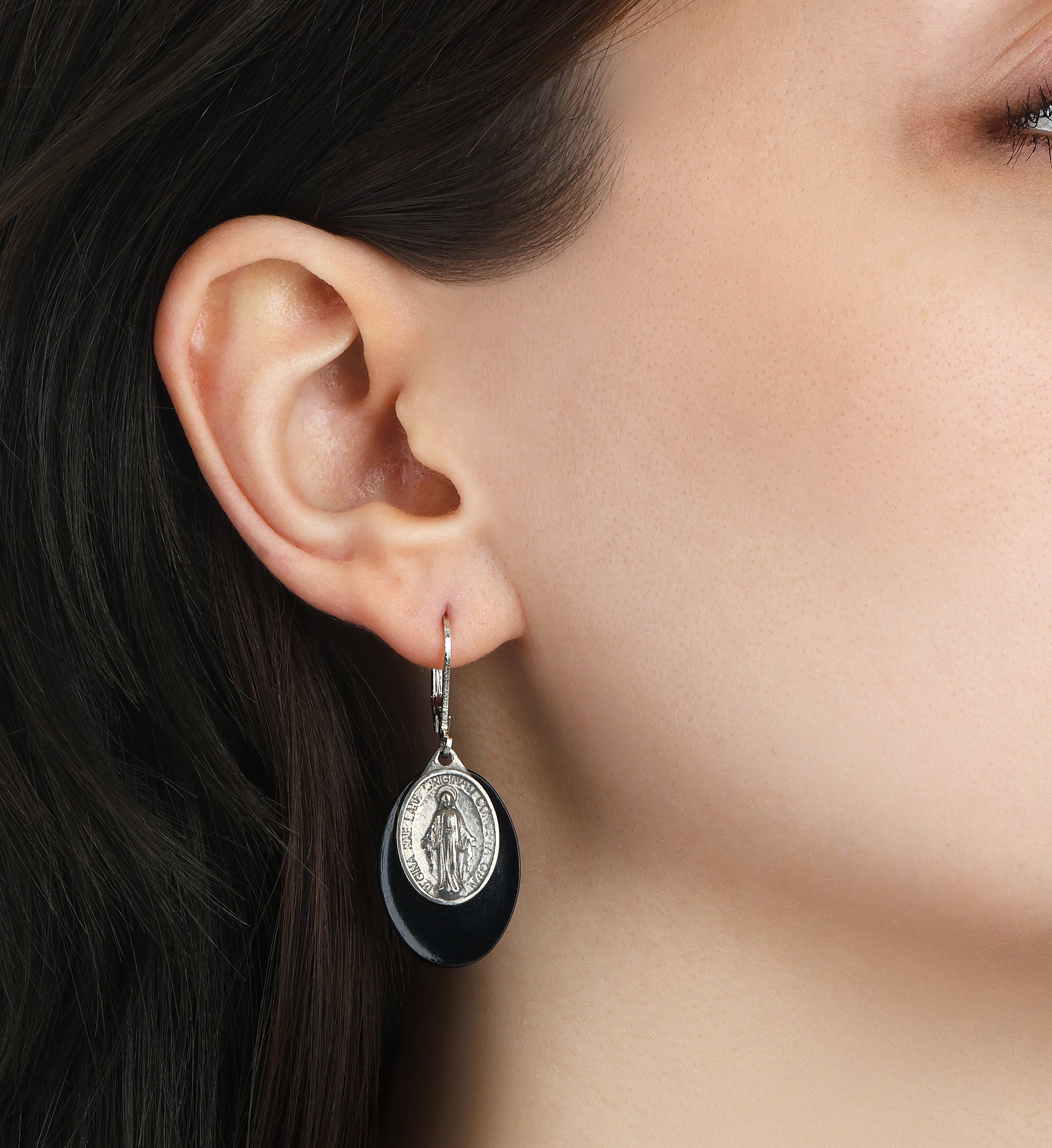 Symbols Of Faith Oval Black Stone Miraculous Medal Drop Earrings
