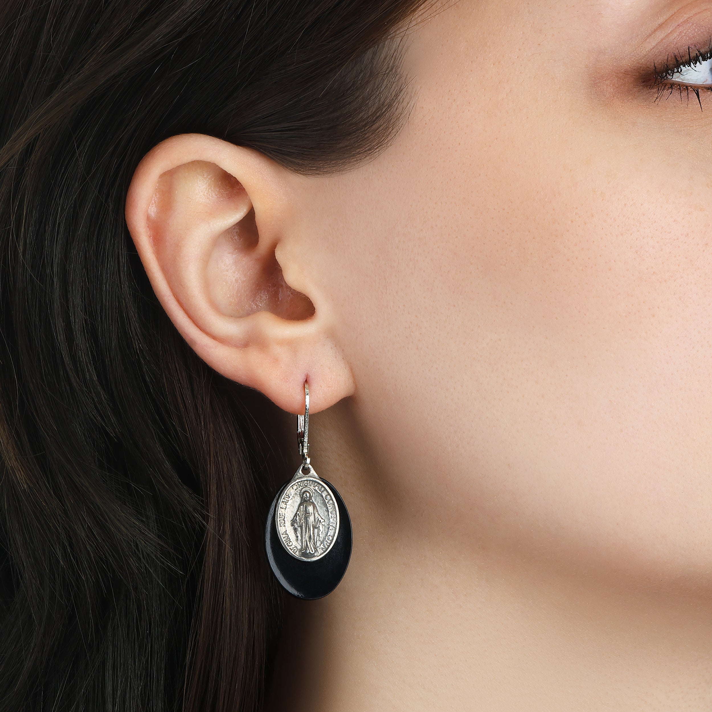 Symbols Of Faith Oval Black Stone Miraculous Medal Drop Earrings