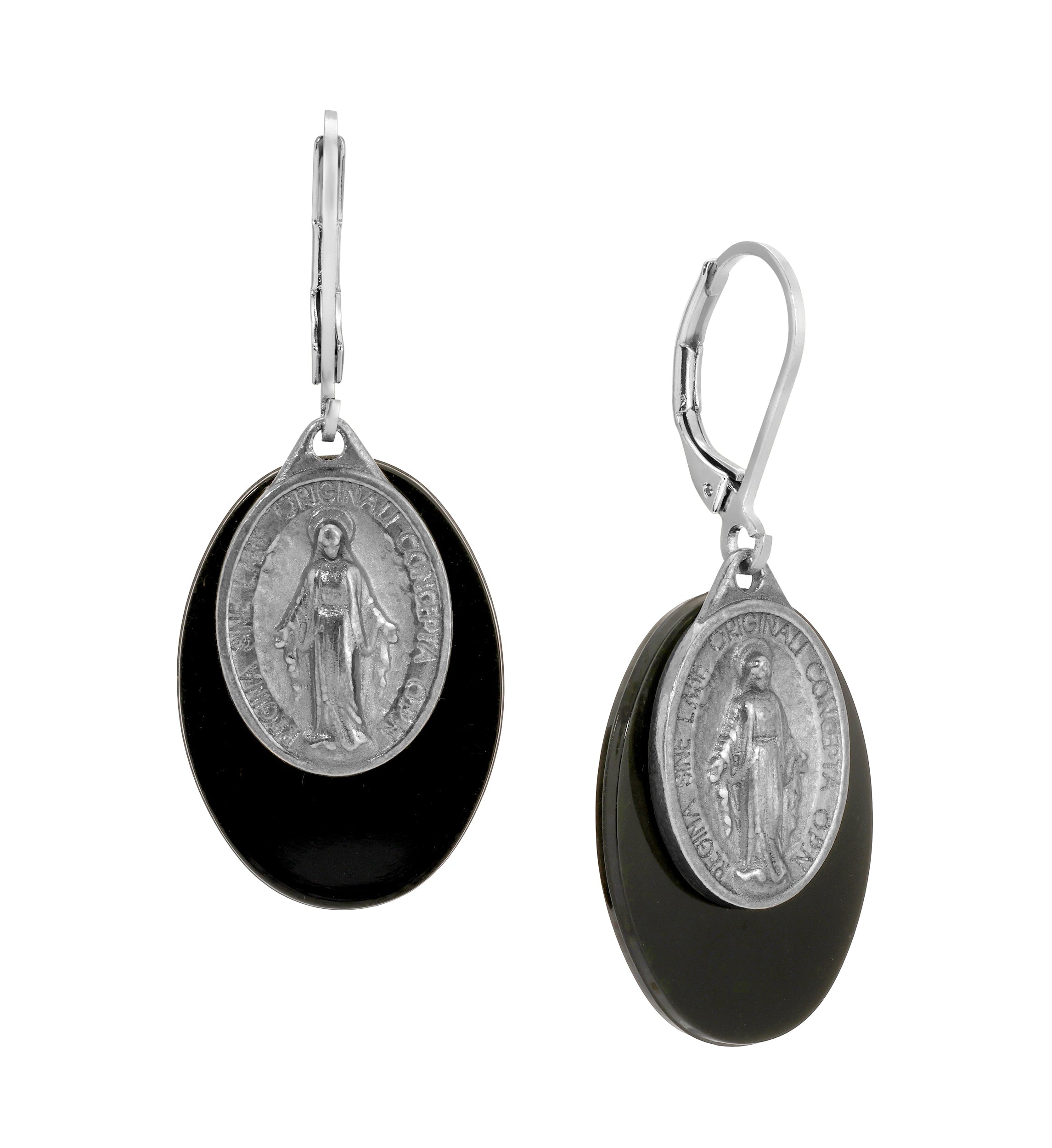 Symbols Of Faith Oval Black Stone Miraculous Medal Drop Earrings