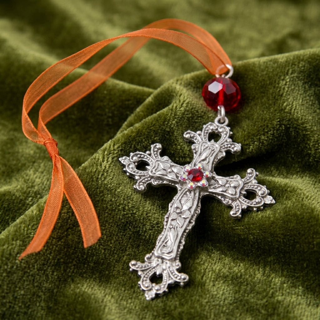 Decorative silver cross ornament with red crystal and orange ribbon on a green fabric background