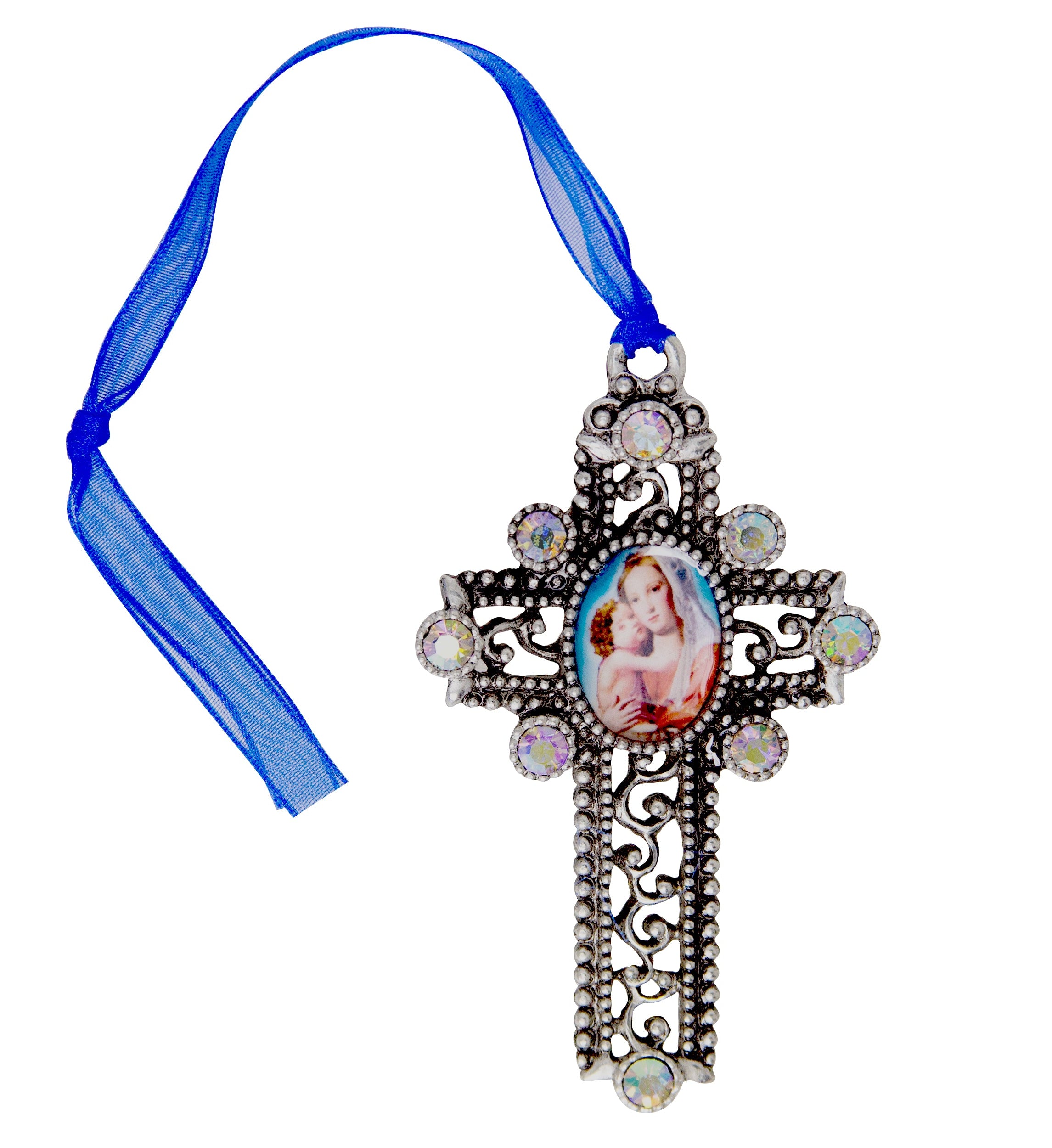 Symbols Of Faith Mother And Child AB Crystal Blue Ribbon Cross Christmas Tree Ornament