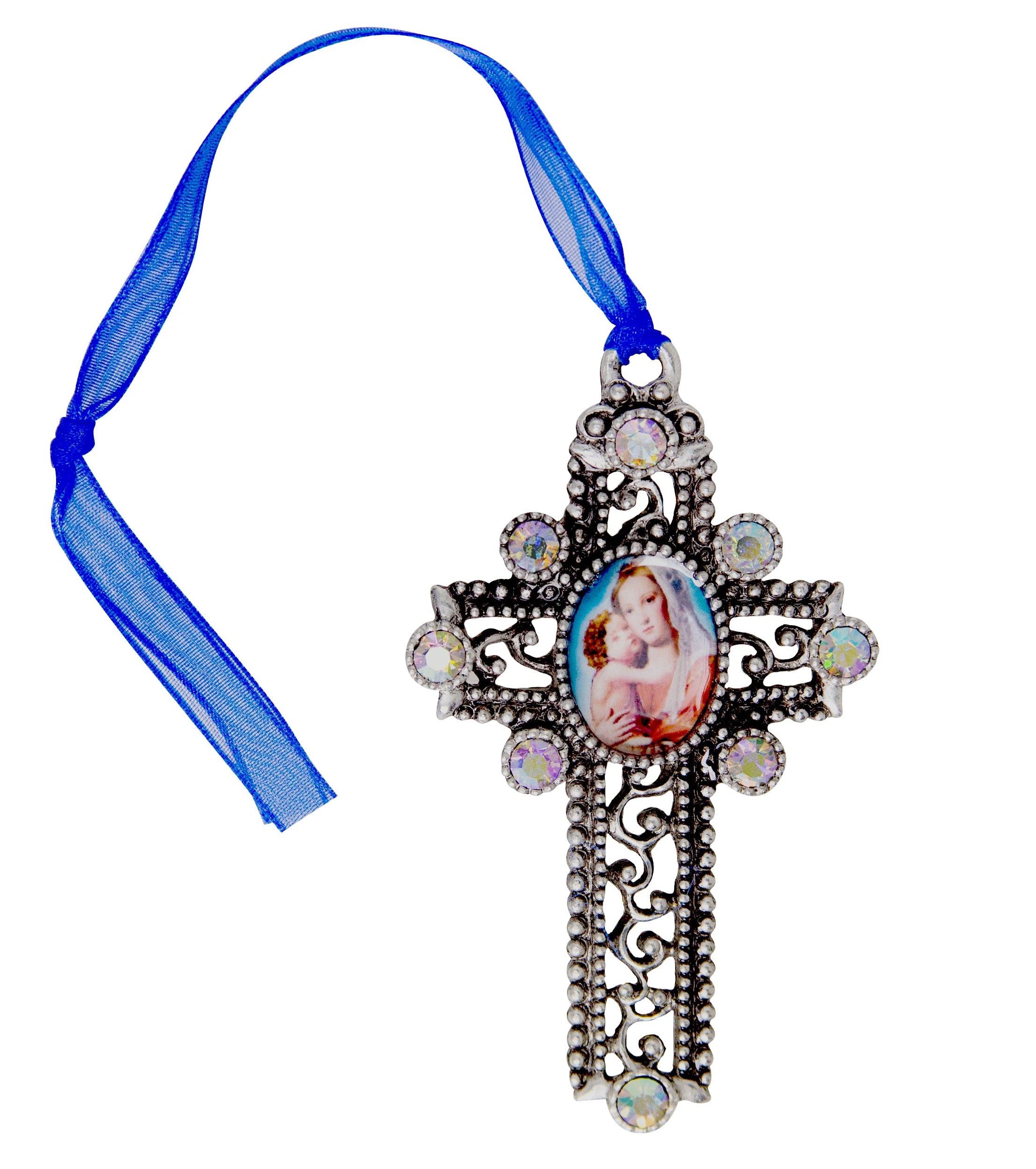 Symbols Of Faith Mother And Child AB Crystal Blue Ribbon Cross Christmas Tree Ornament