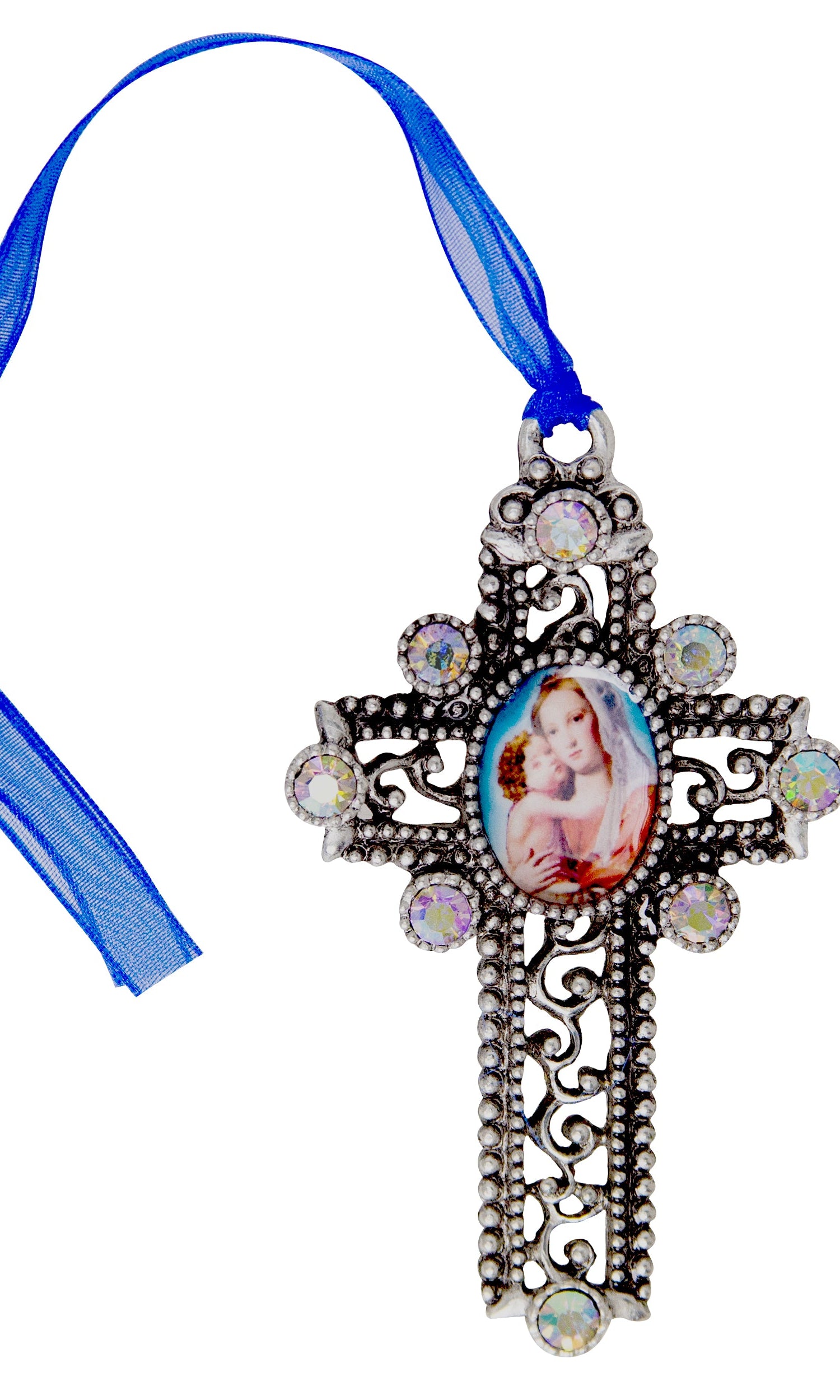 Symbols Of Faith Mother And Child AB Crystal Blue Ribbon Cross Christmas Tree Ornament