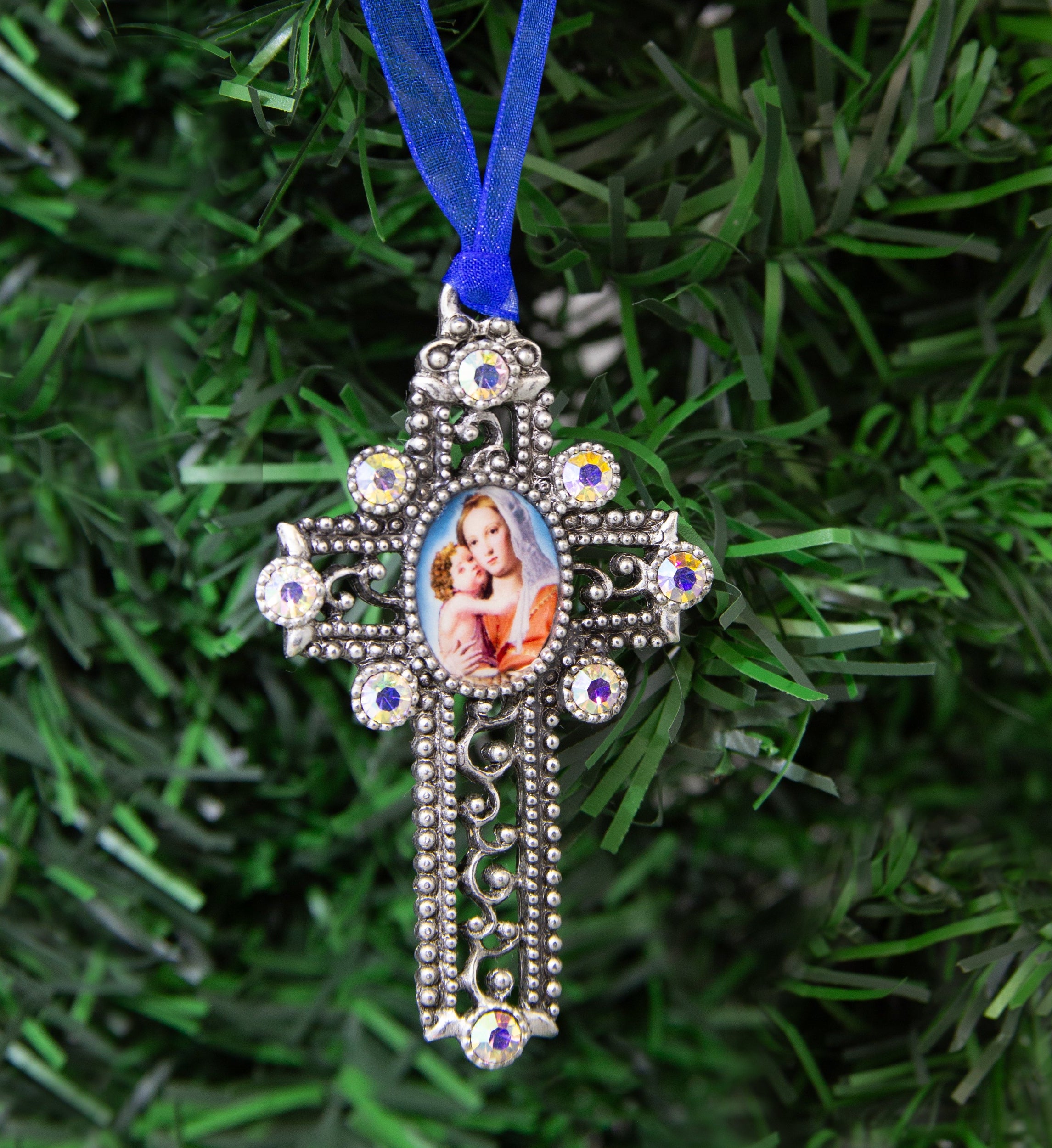 Symbols Of Faith Mother And Child AB Crystal Blue Ribbon Cross Christmas Tree Ornament