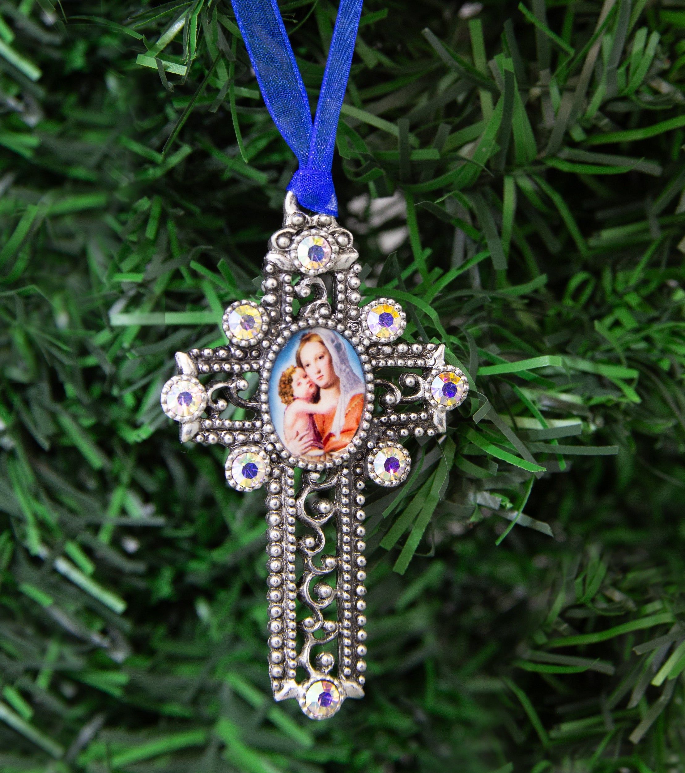Symbols Of Faith Mother And Child AB Crystal Blue Ribbon Cross Christmas Tree Ornament