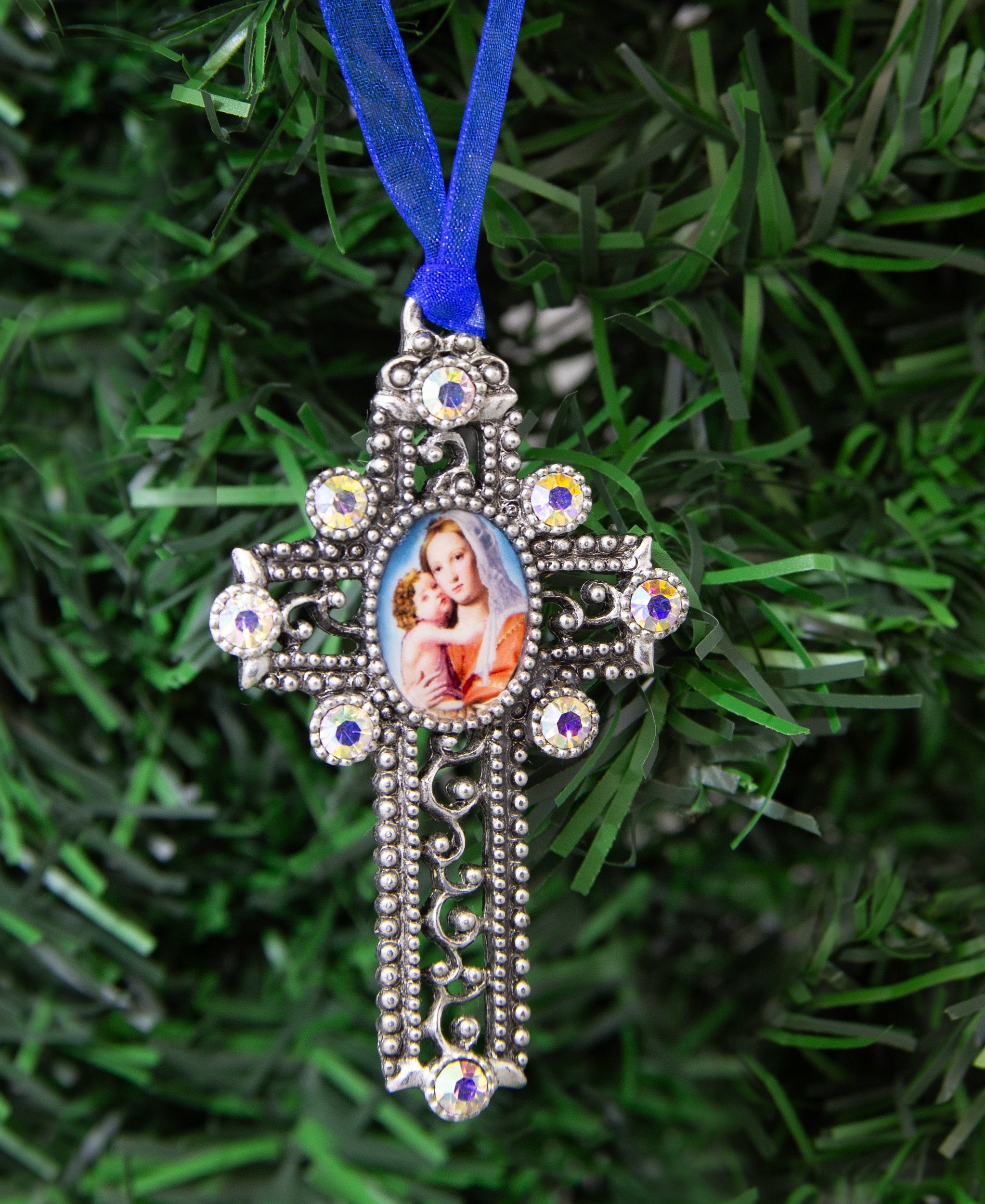 Symbols Of Faith Mother And Child AB Crystal Blue Ribbon Cross Christmas Tree Ornament
